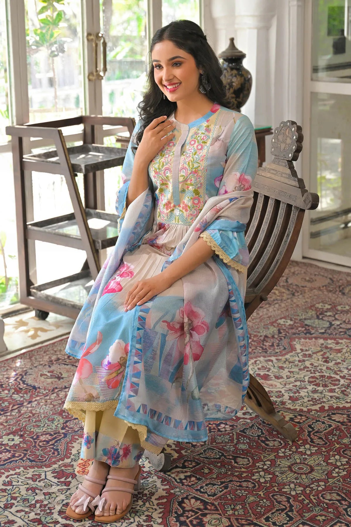 Beige Multicolor Cotton Embroidered A-Line Suit Set