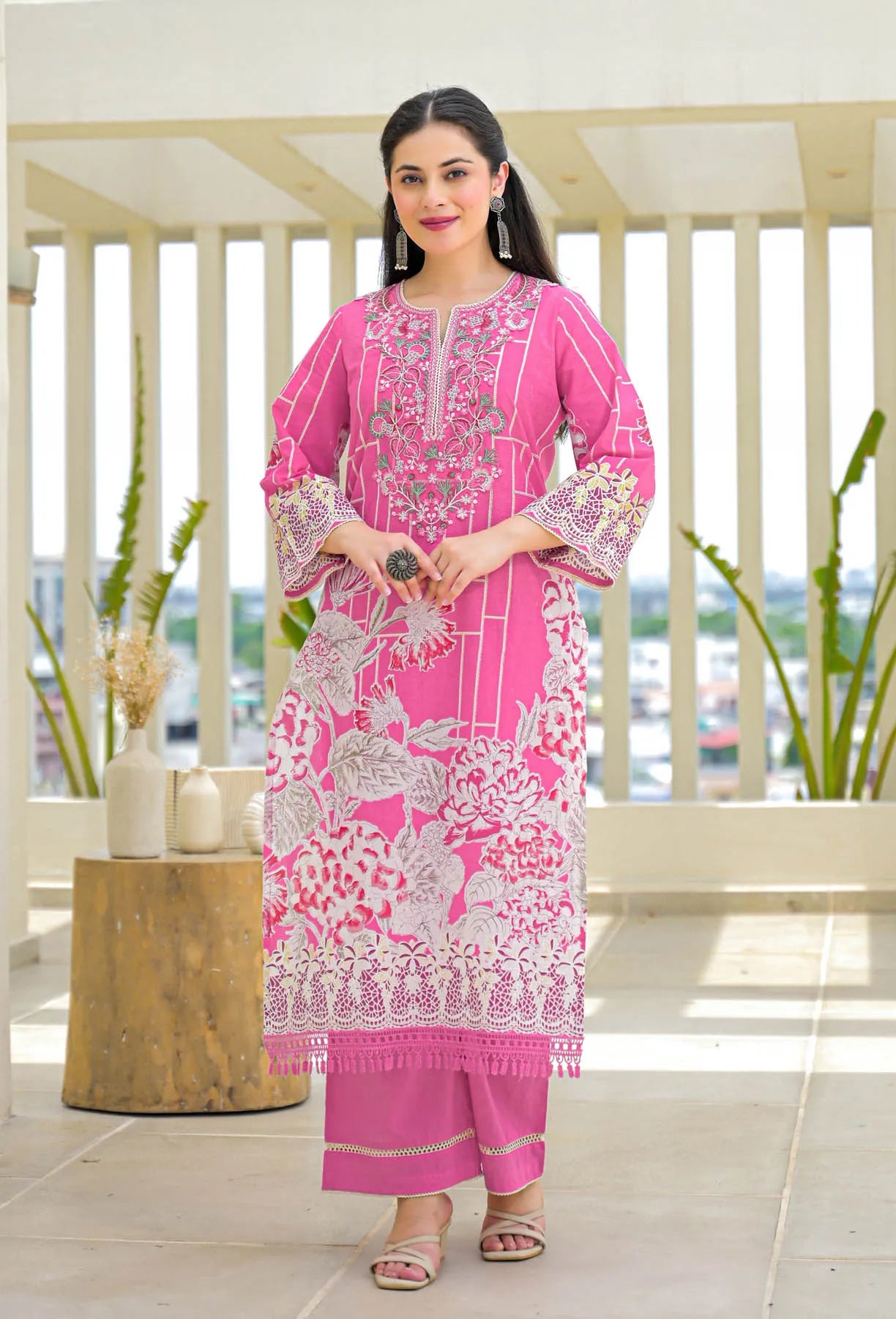 Pink Multicolor Cotton Printed Straight Cut Suit Set | Bairaas