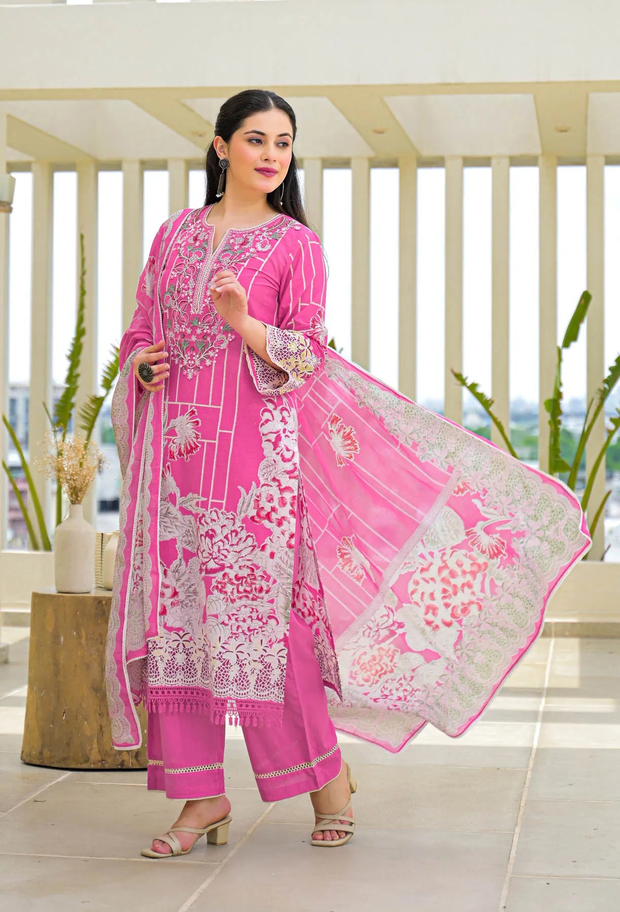Pink Multicolor Cotton Printed Straight Cut Suit Set | Bairaas