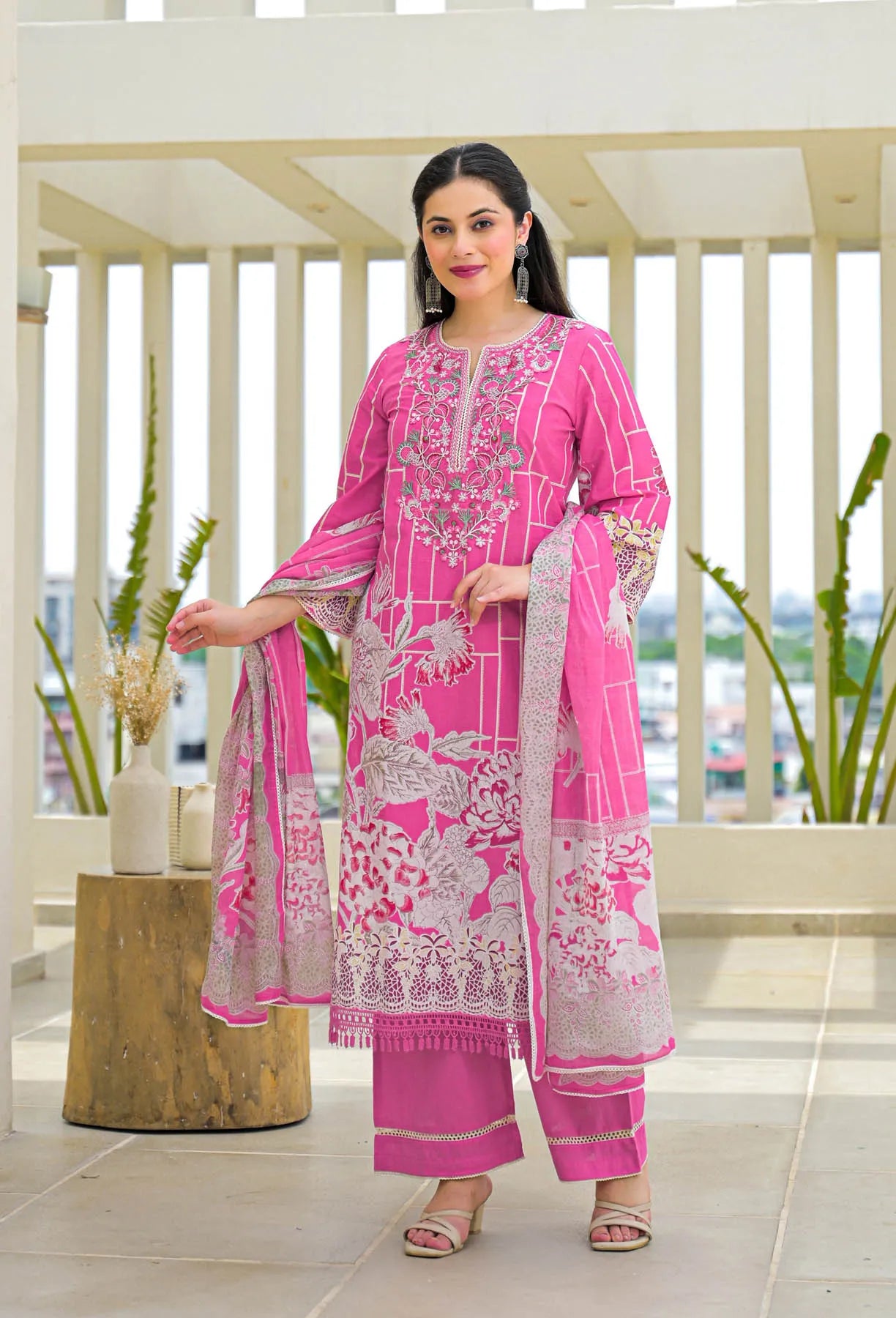 Pink Multicolor Cotton Printed Straight Cut Suit Set | Bairaas