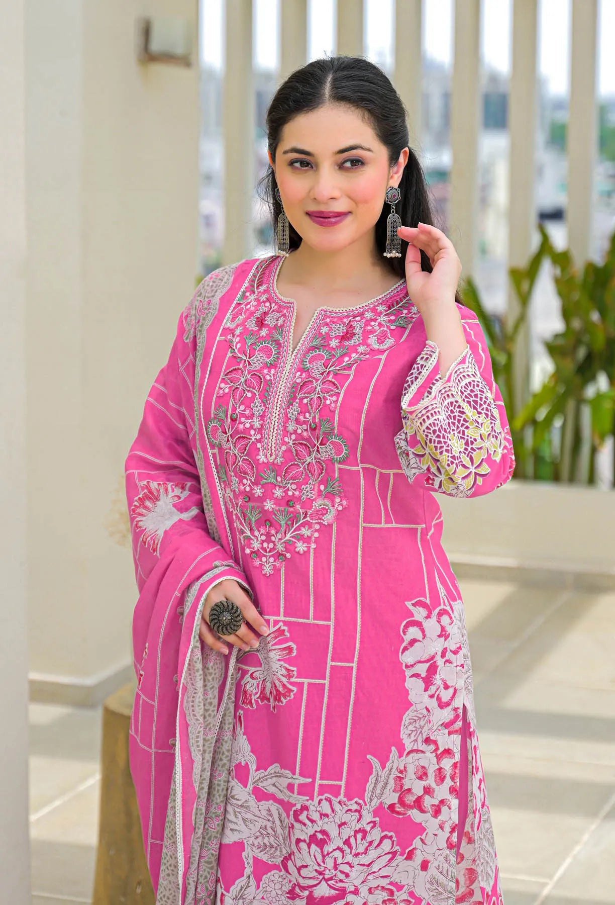 Pink Multicolor Cotton Printed Straight Cut Suit Set | Bairaas