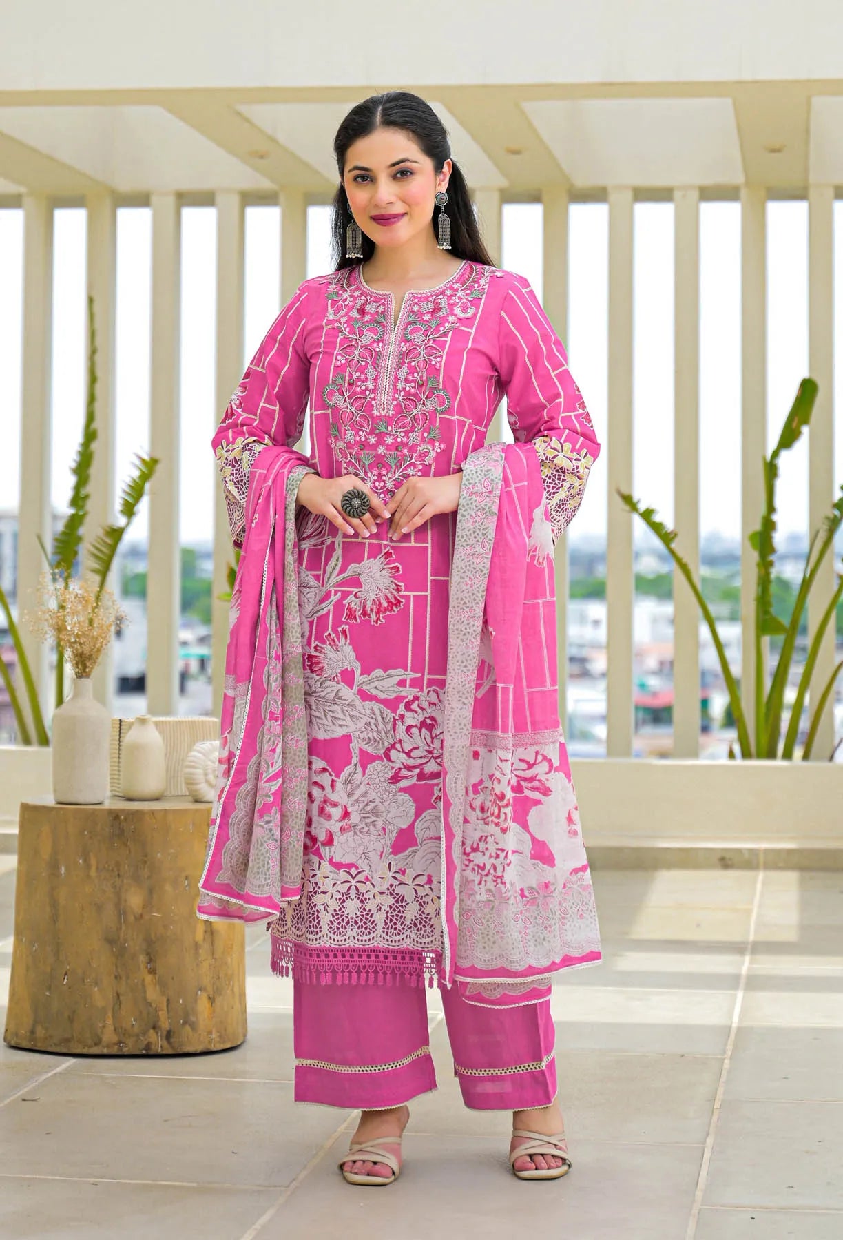 Pink Multicolor Cotton Printed Straight Cut Suit Set | Bairaas