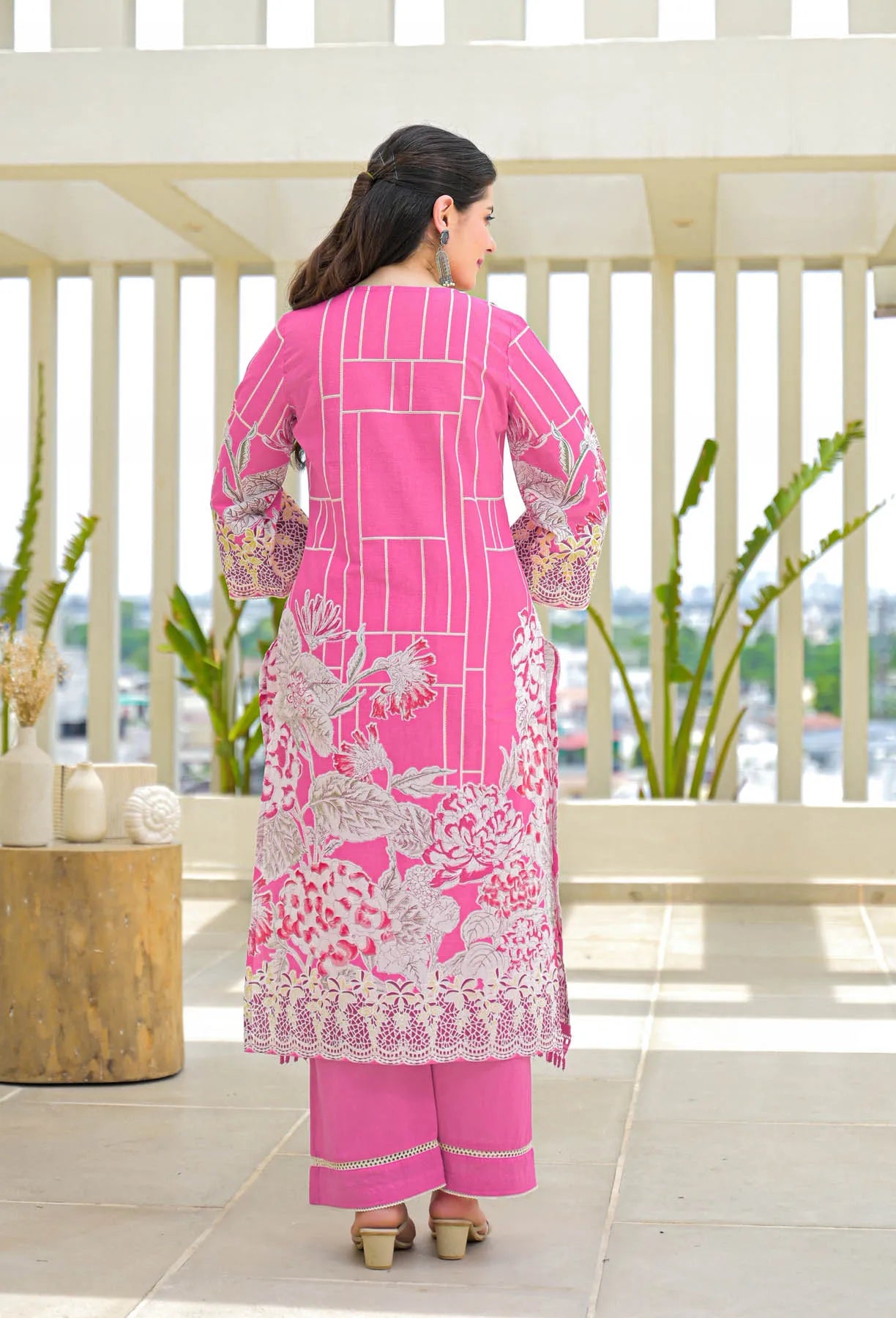 Pink Multicolor Cotton Printed Straight Cut Suit Set | Bairaas