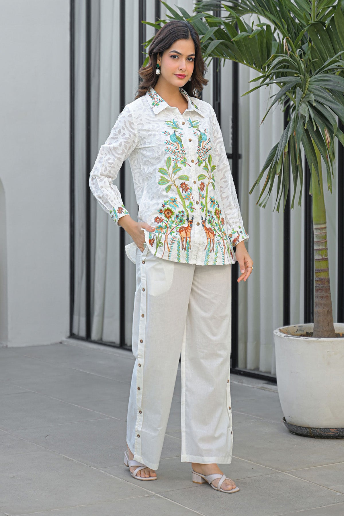 White Cotton Embroidered Cord Set