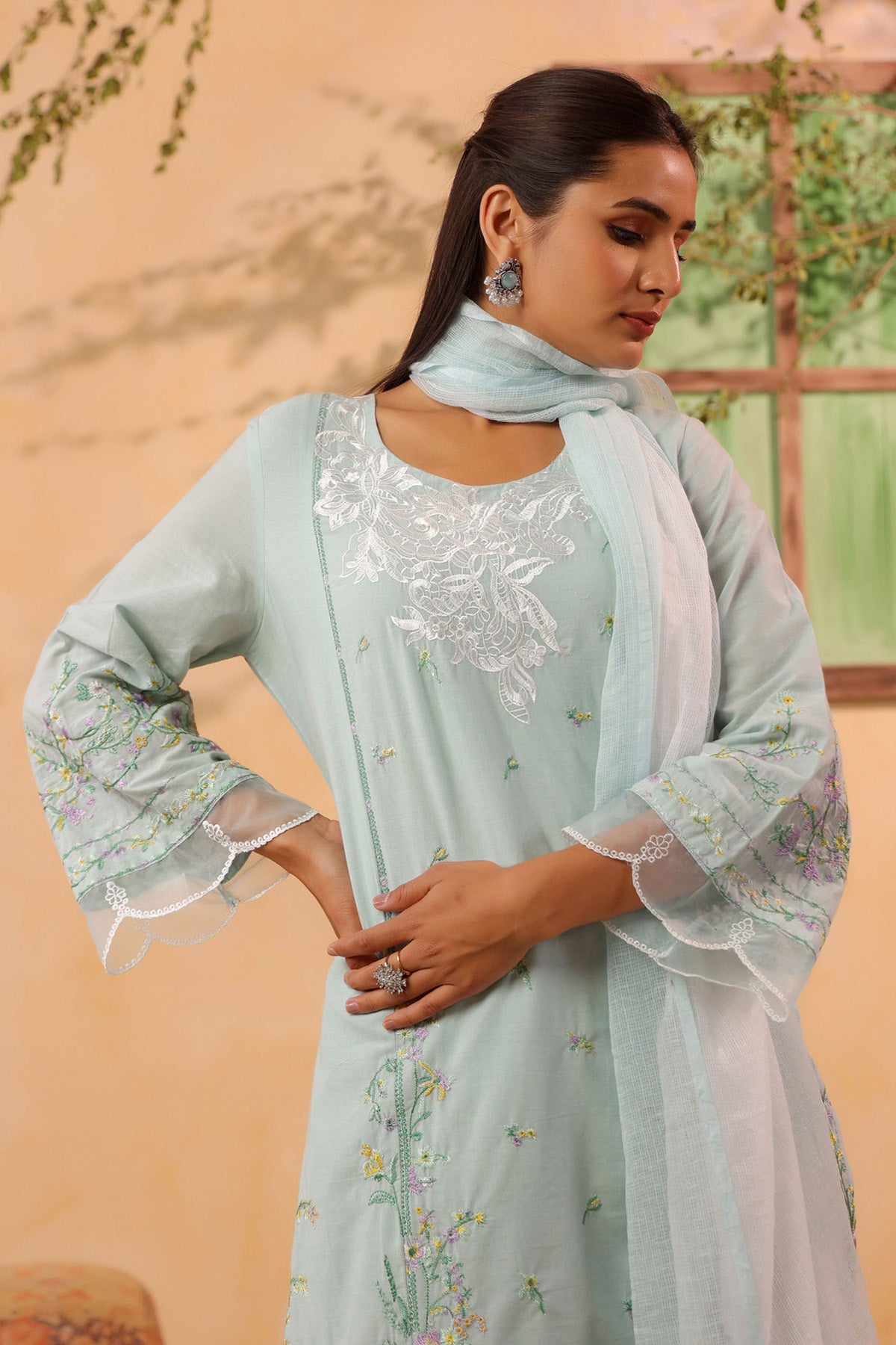 Mint Green Cotton Embroidered Kurta Set