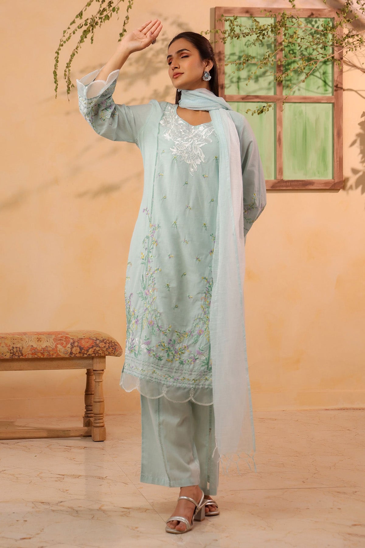 Mint Green Cotton Embroidered Kurta Set