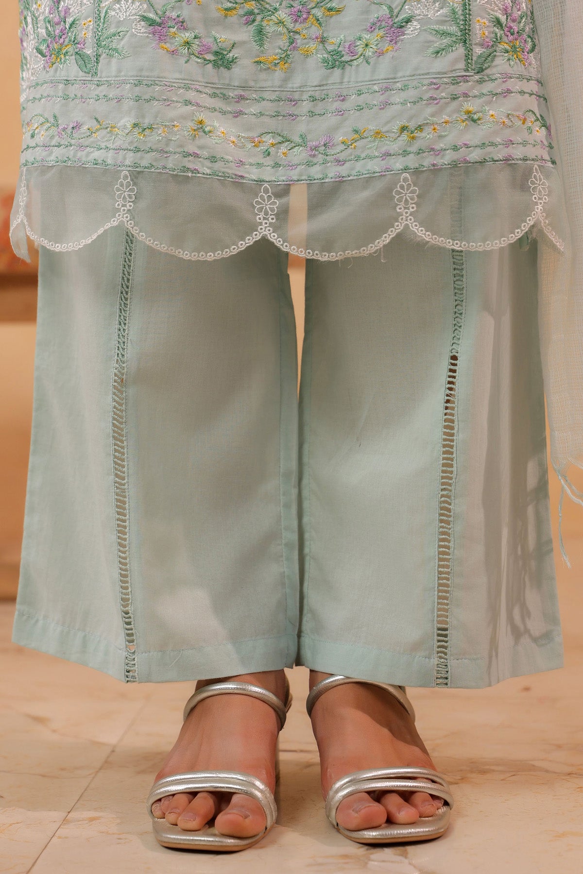 Mint Green Cotton Embroidered Kurta Set