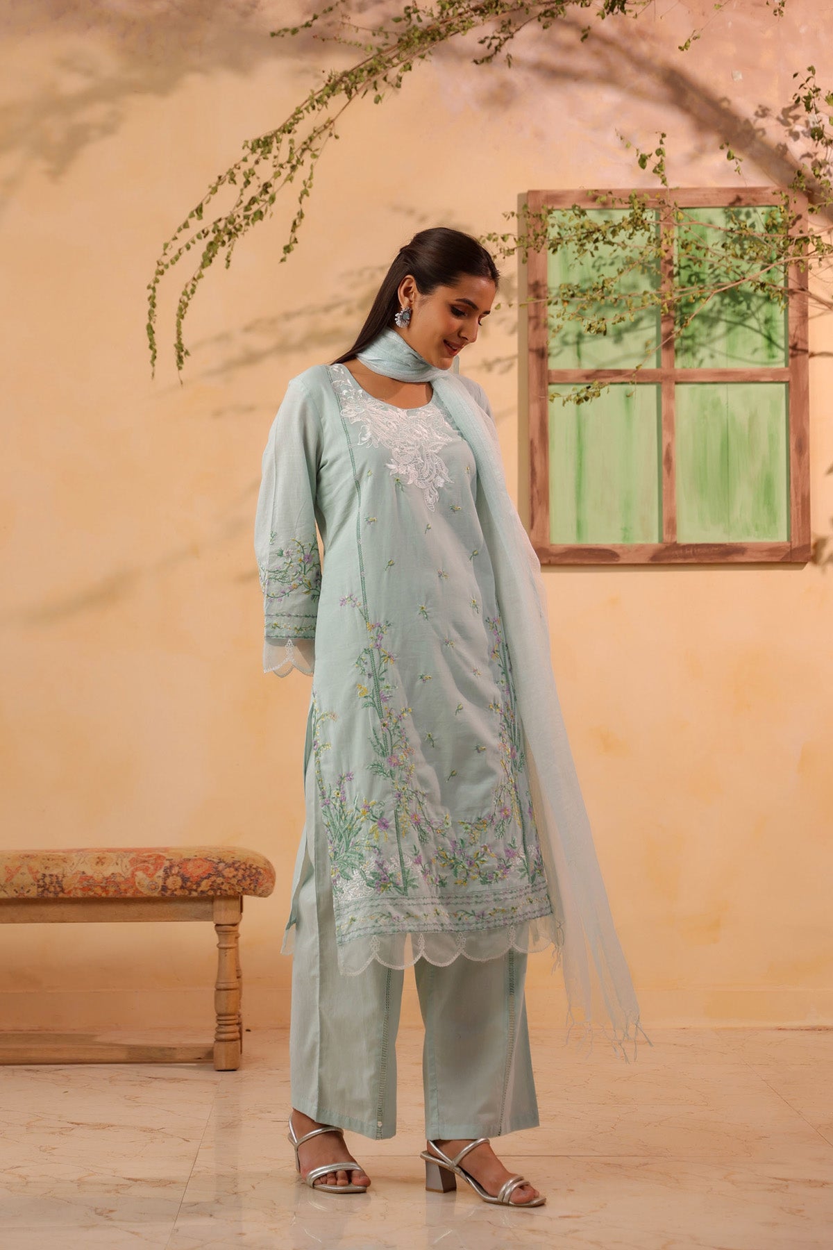Mint Green Cotton Embroidered Kurta Set