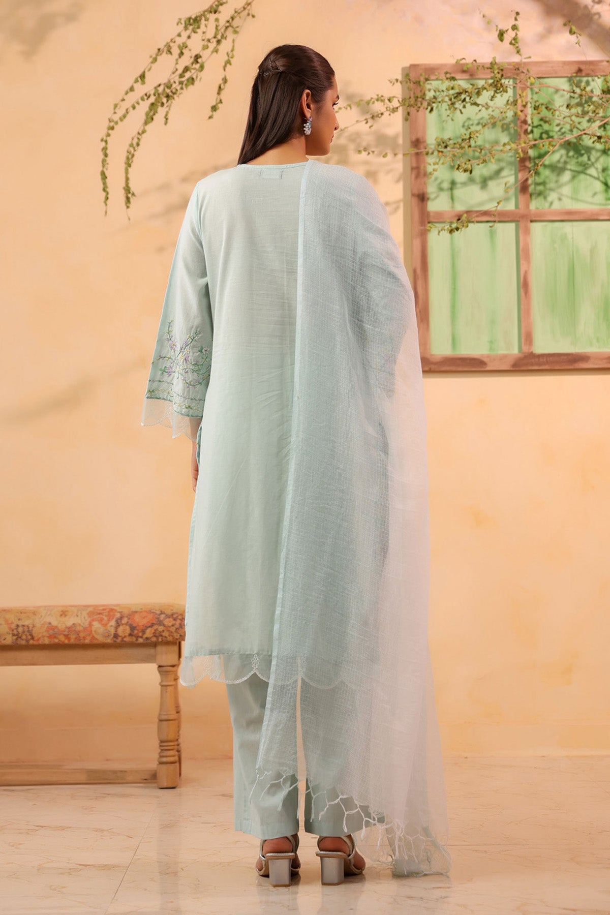 Mint Green Cotton Embroidered Kurta Set