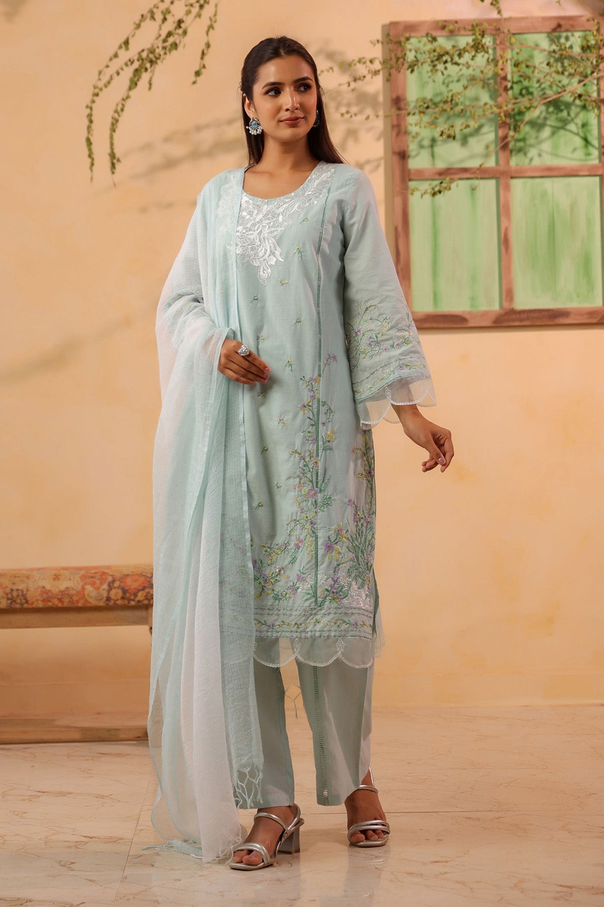 Mint Green Cotton Embroidered Kurta Set