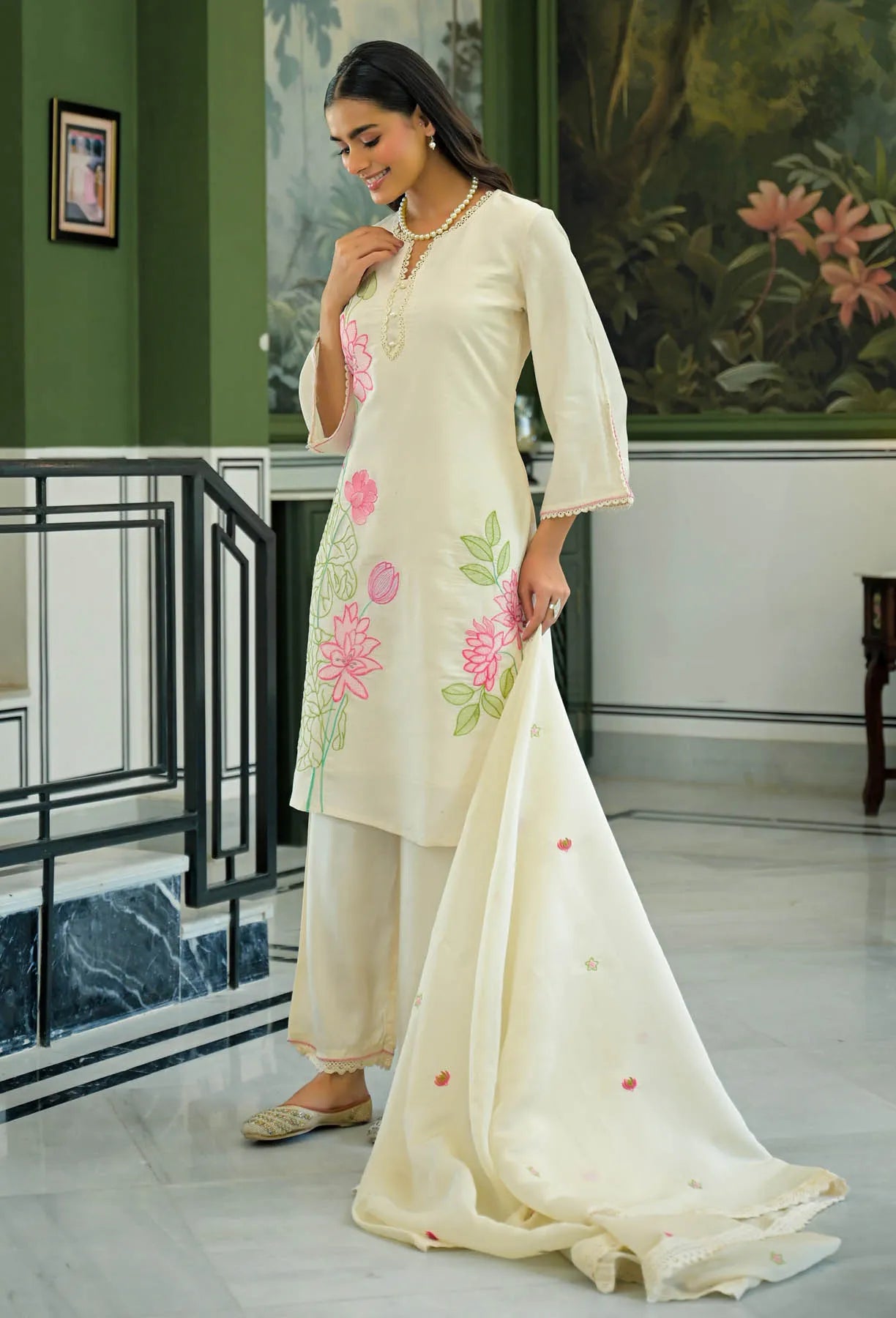 Cream White Chanderi Embroidered Pakistani Suit Set | Bairaas