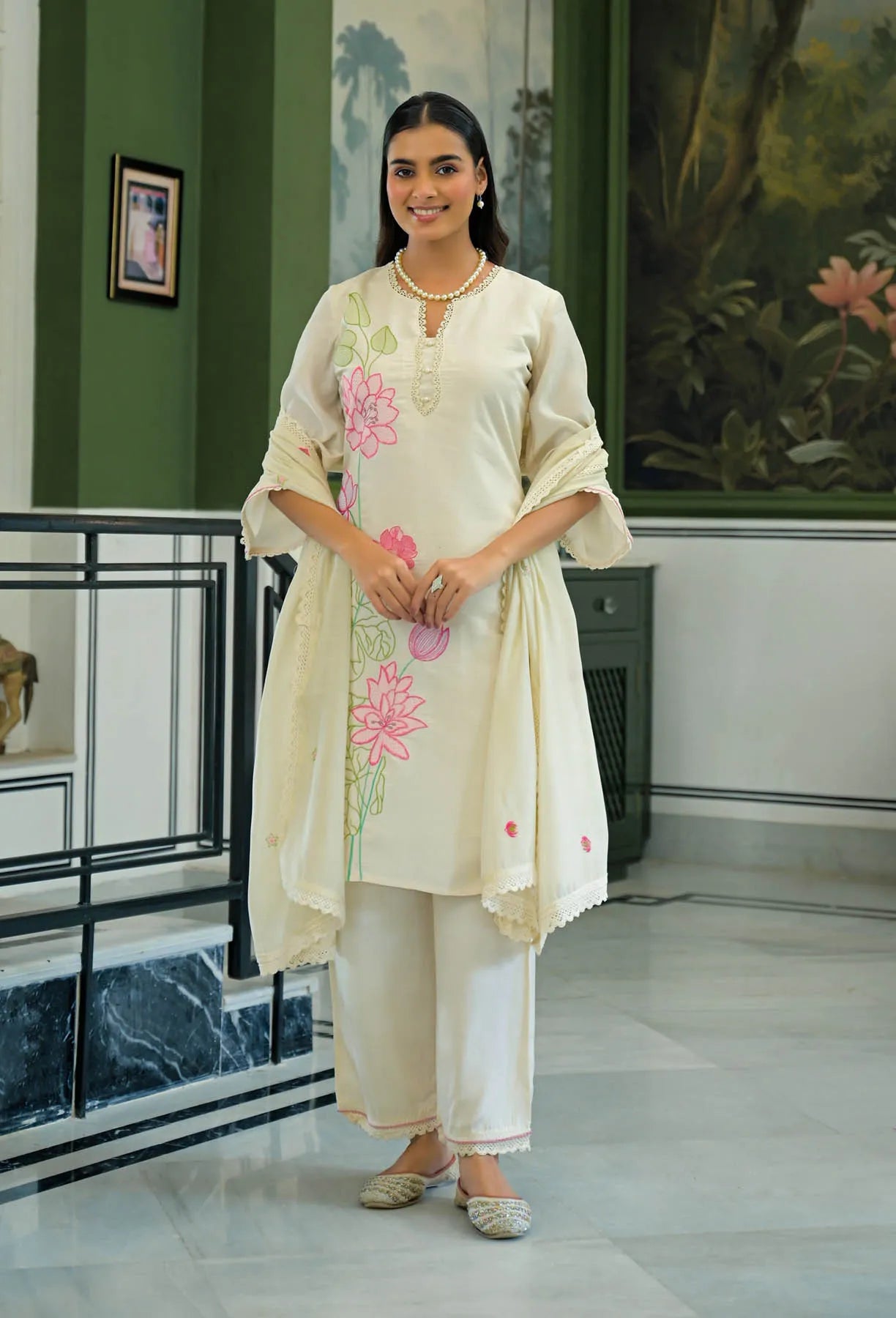 Cream White Chanderi Embroidered Pakistani Suit Set | Bairaas