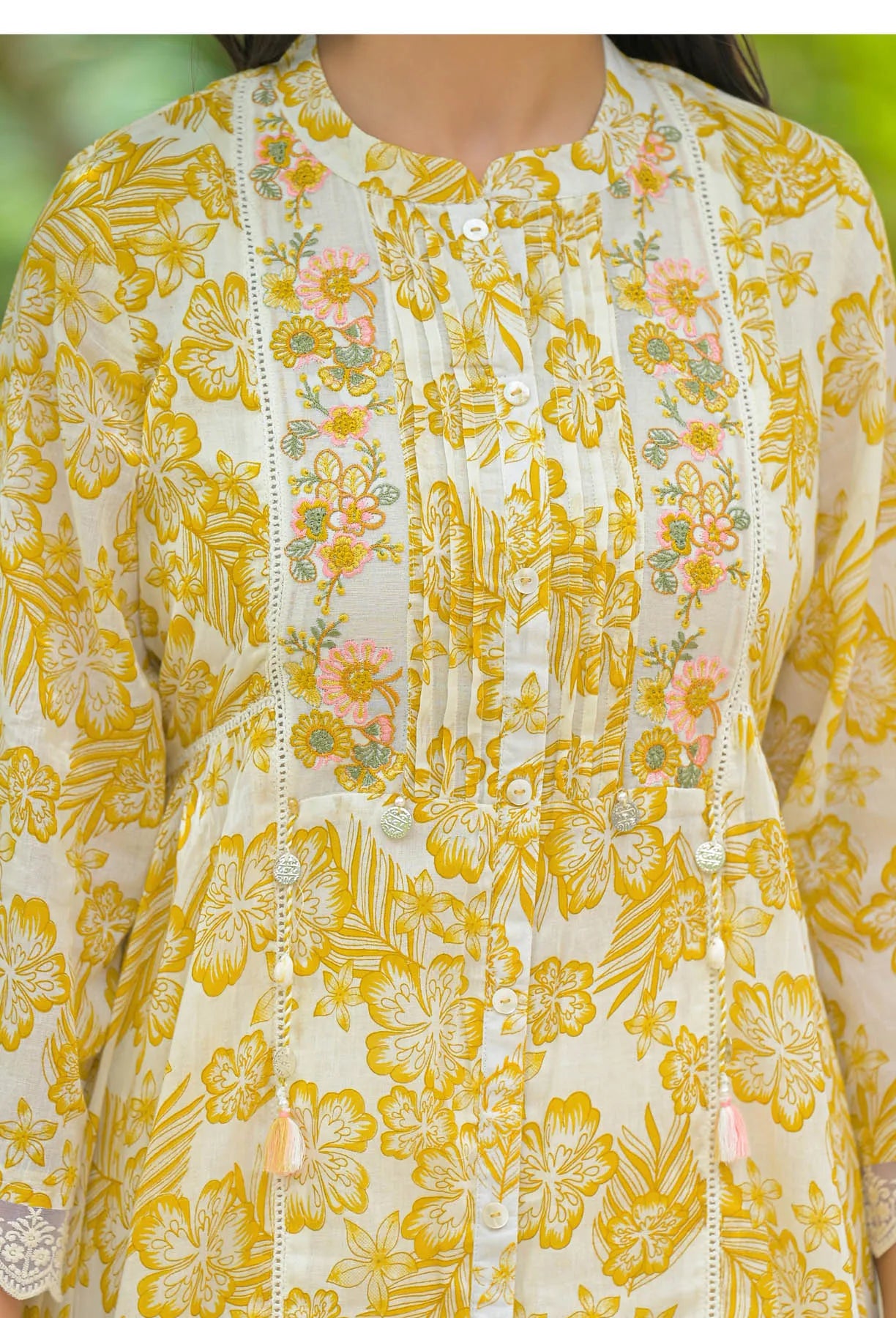Yellow Floral Cotton Embroidered A-Line Suit Set | Bairaas