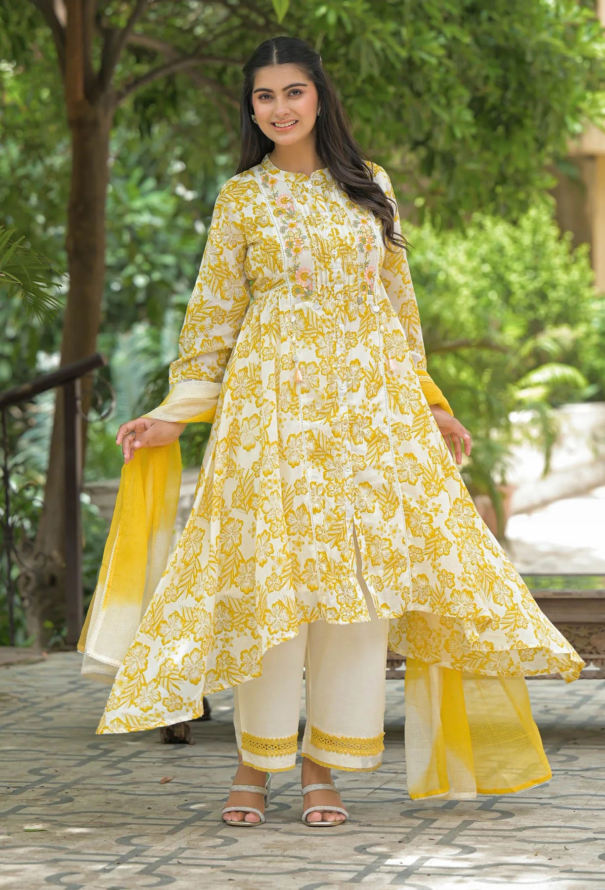 Yellow Floral Cotton Embroidered A-Line Suit Set | Bairaas