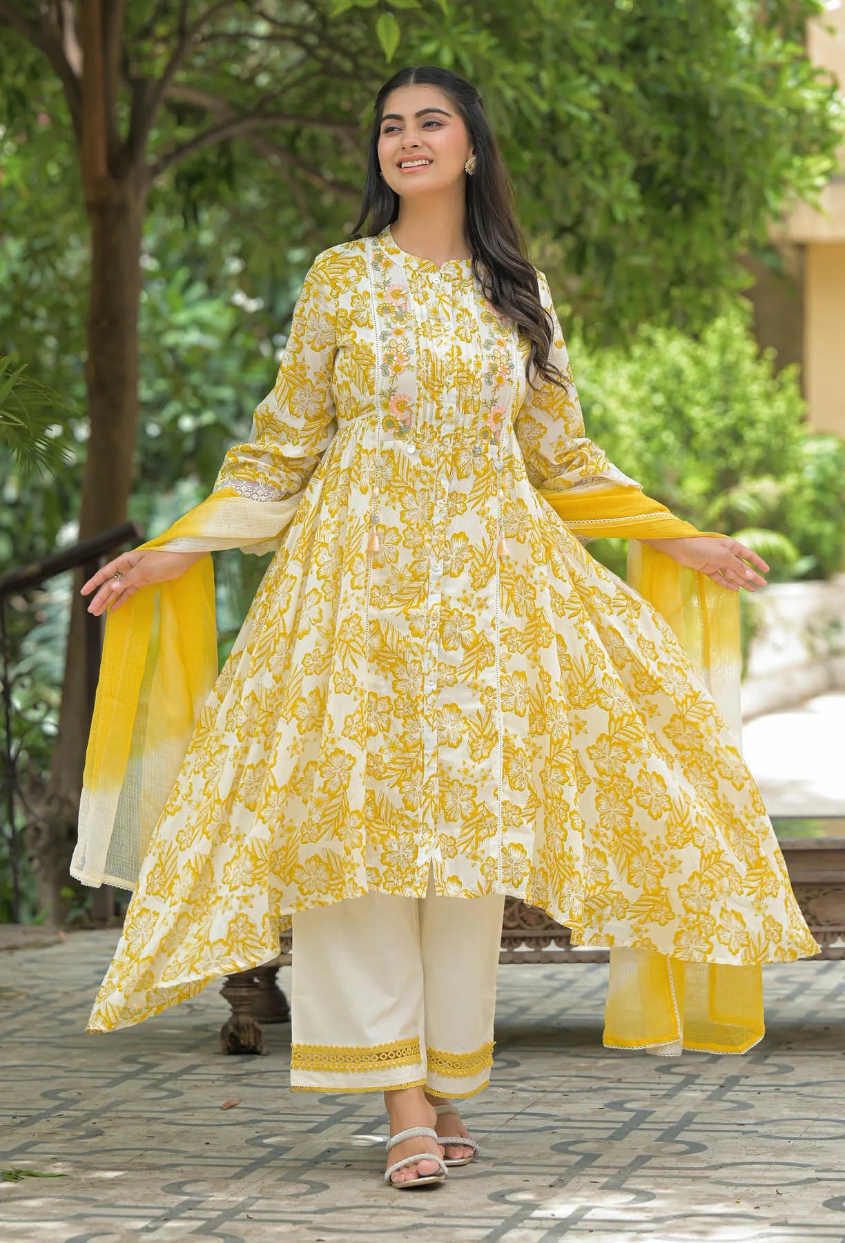 Yellow Floral Cotton Embroidered A-Line Suit Set | Bairaas