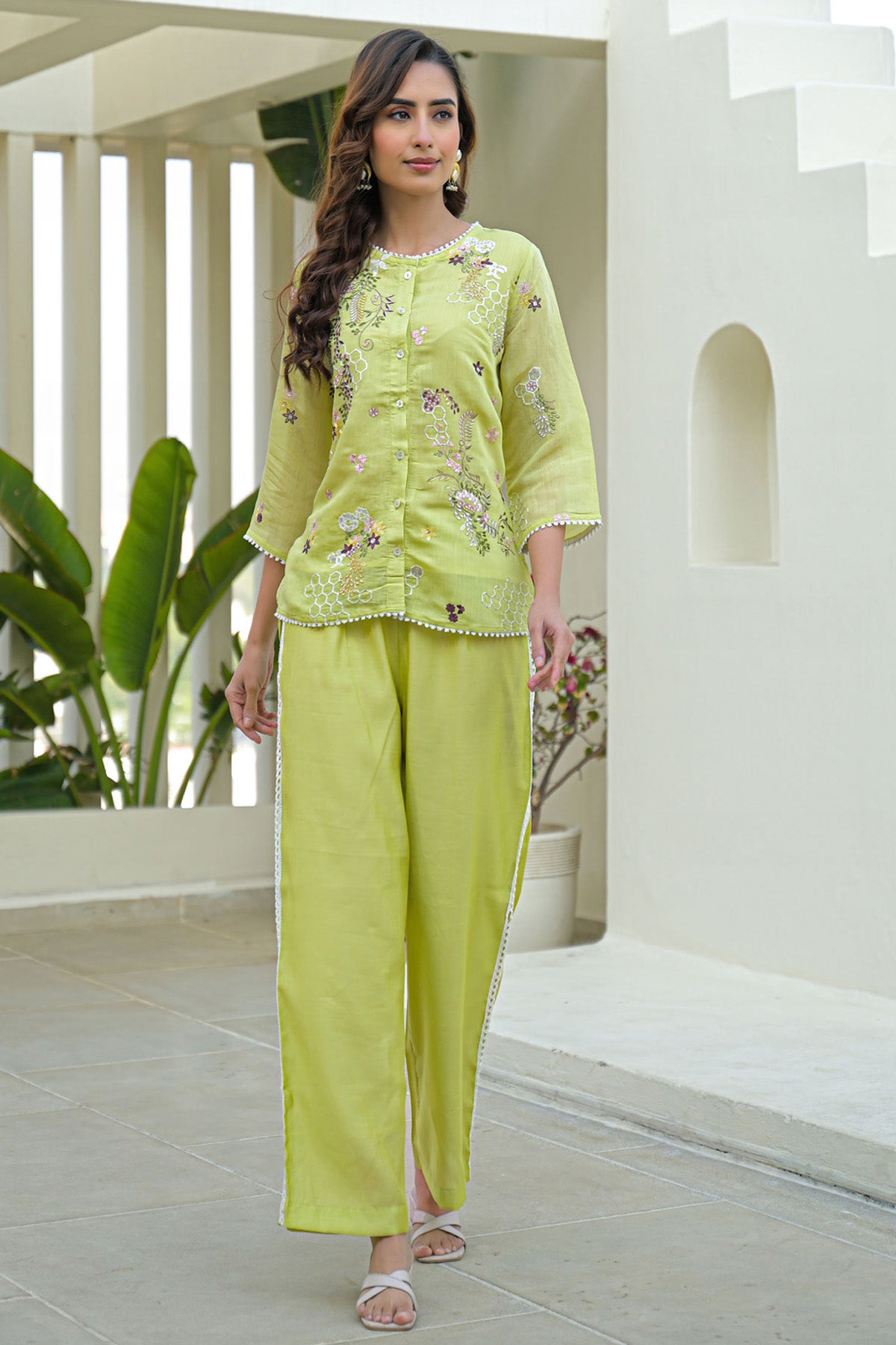 Green Mul Chanderi Embroidered Cord Set