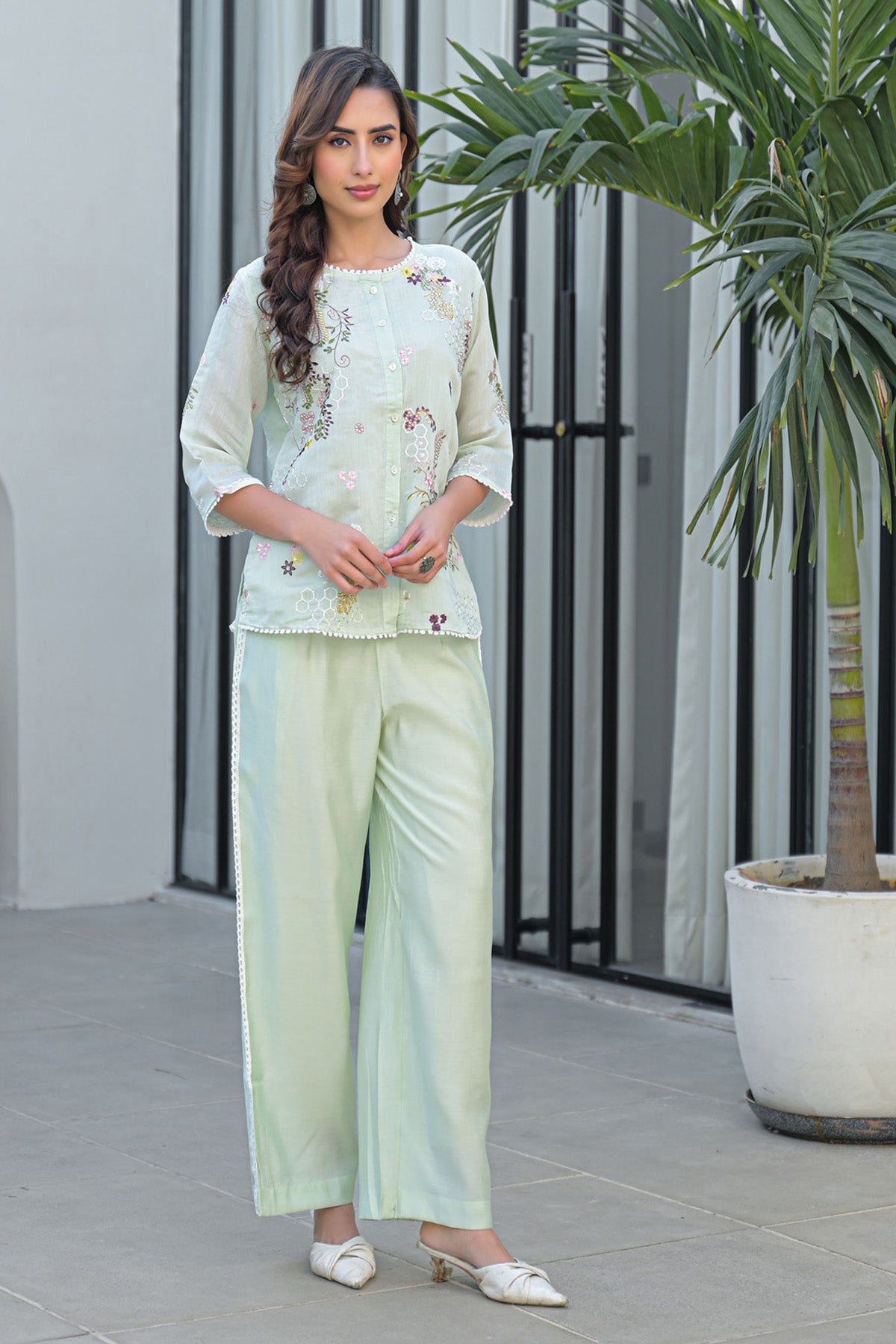 Mint Mul Chanderi Embroidered Cord Set