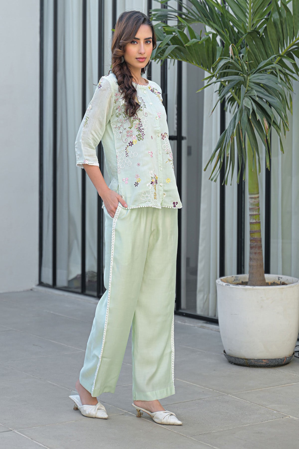 Mint Mul Chanderi Embroidered Cord Set