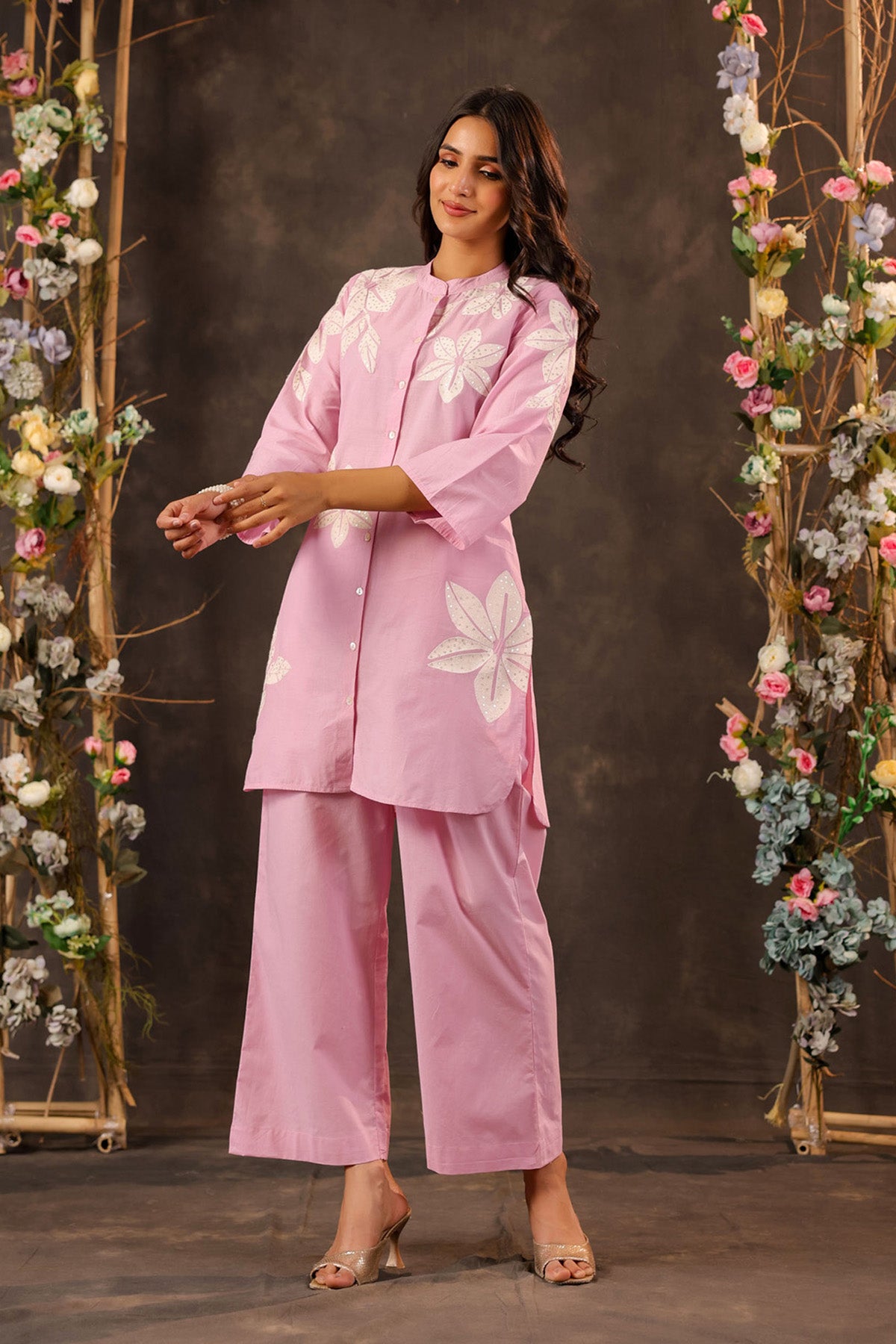 Pink Cotton Embroidered Cord Set