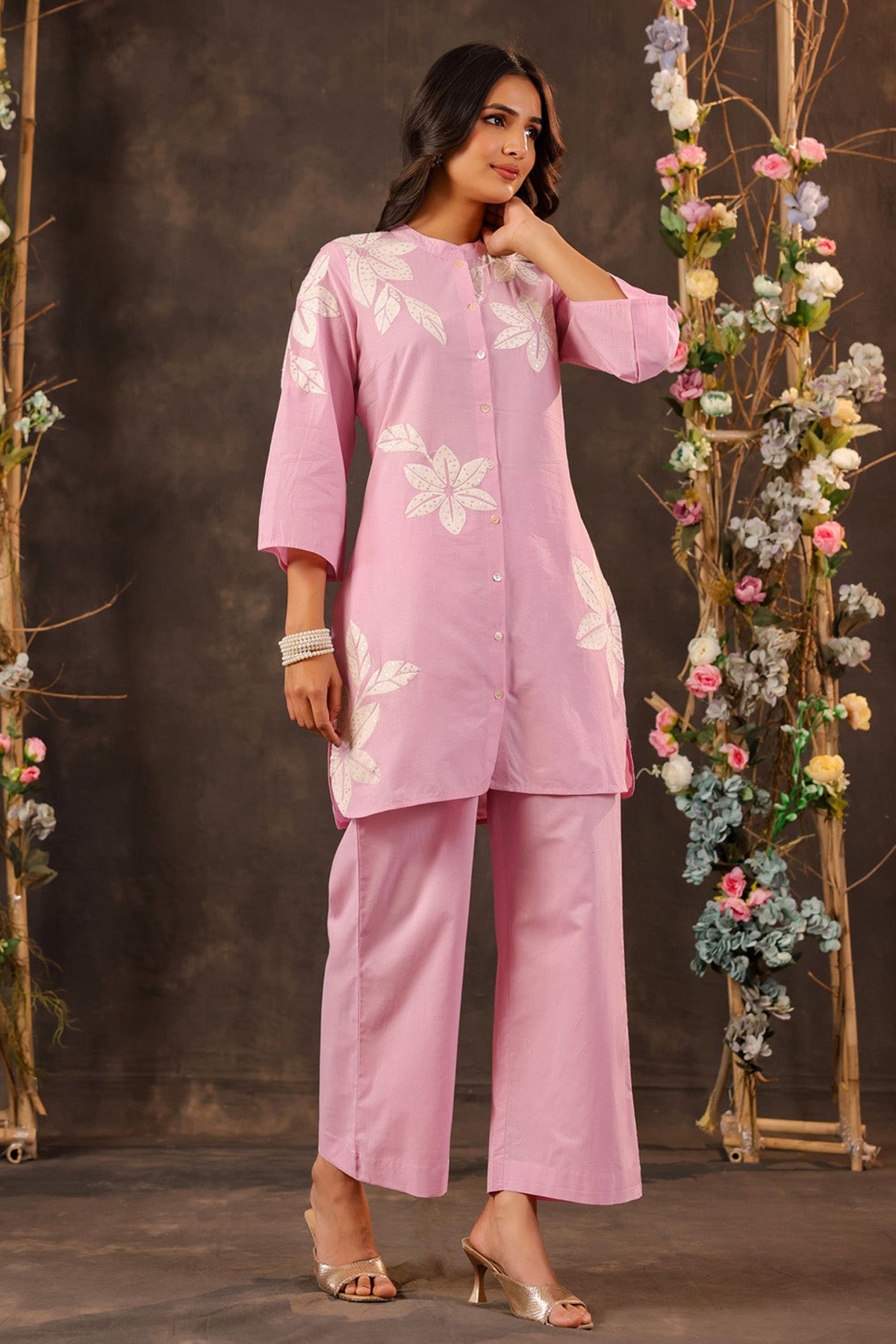 Pink Cotton Embroidered Cord Set