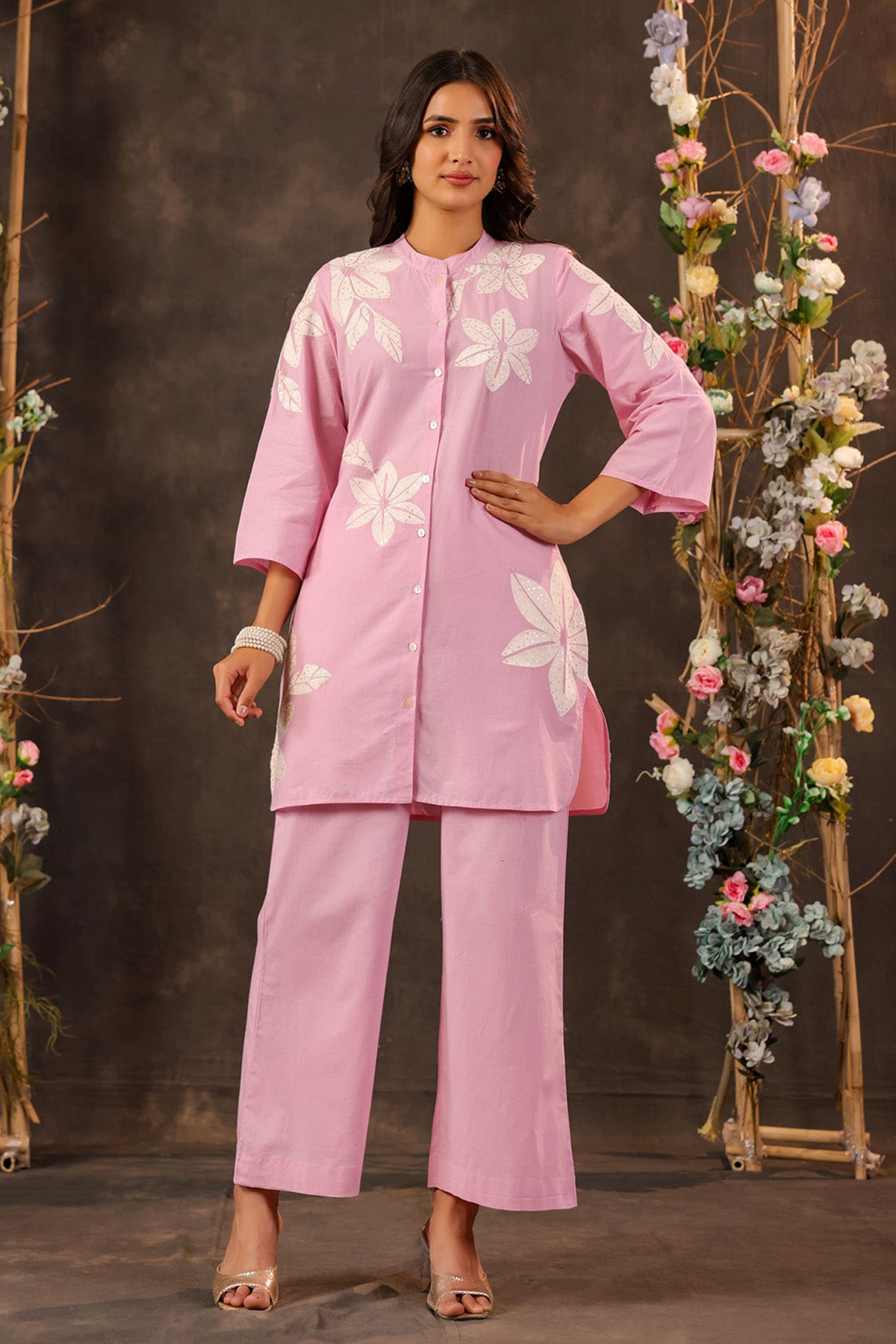 Pink Cotton Embroidered Cord Set