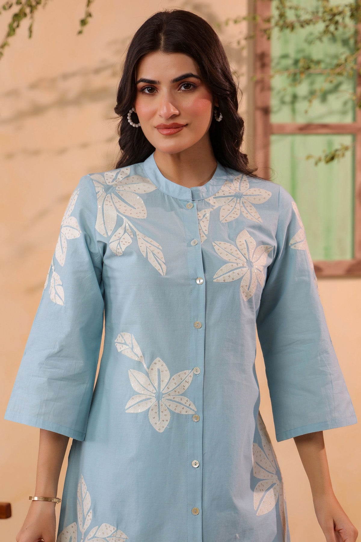 Sky Blue Cotton Embroidered Cord Set