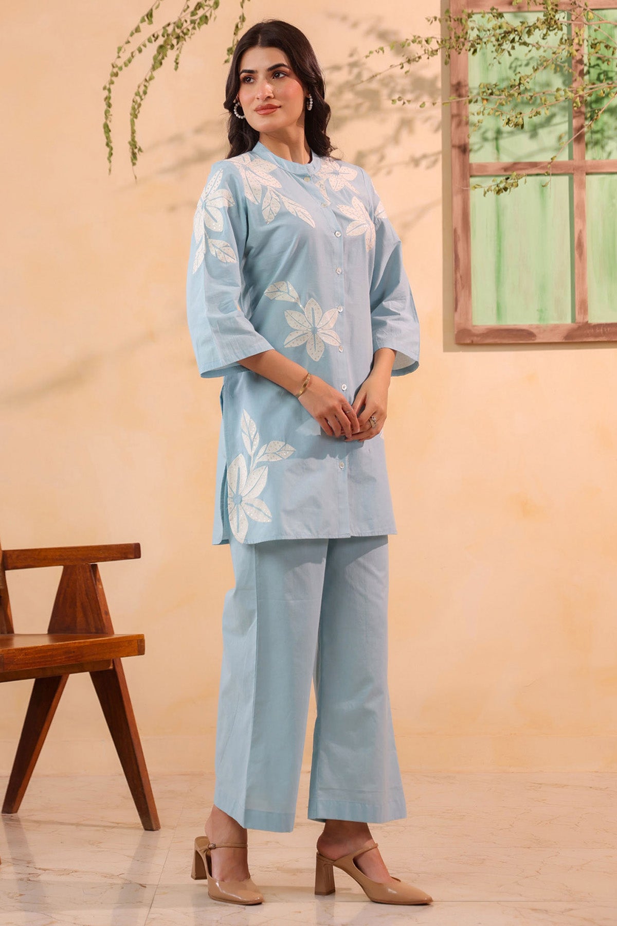 Sky Blue Cotton Embroidered Cord Set