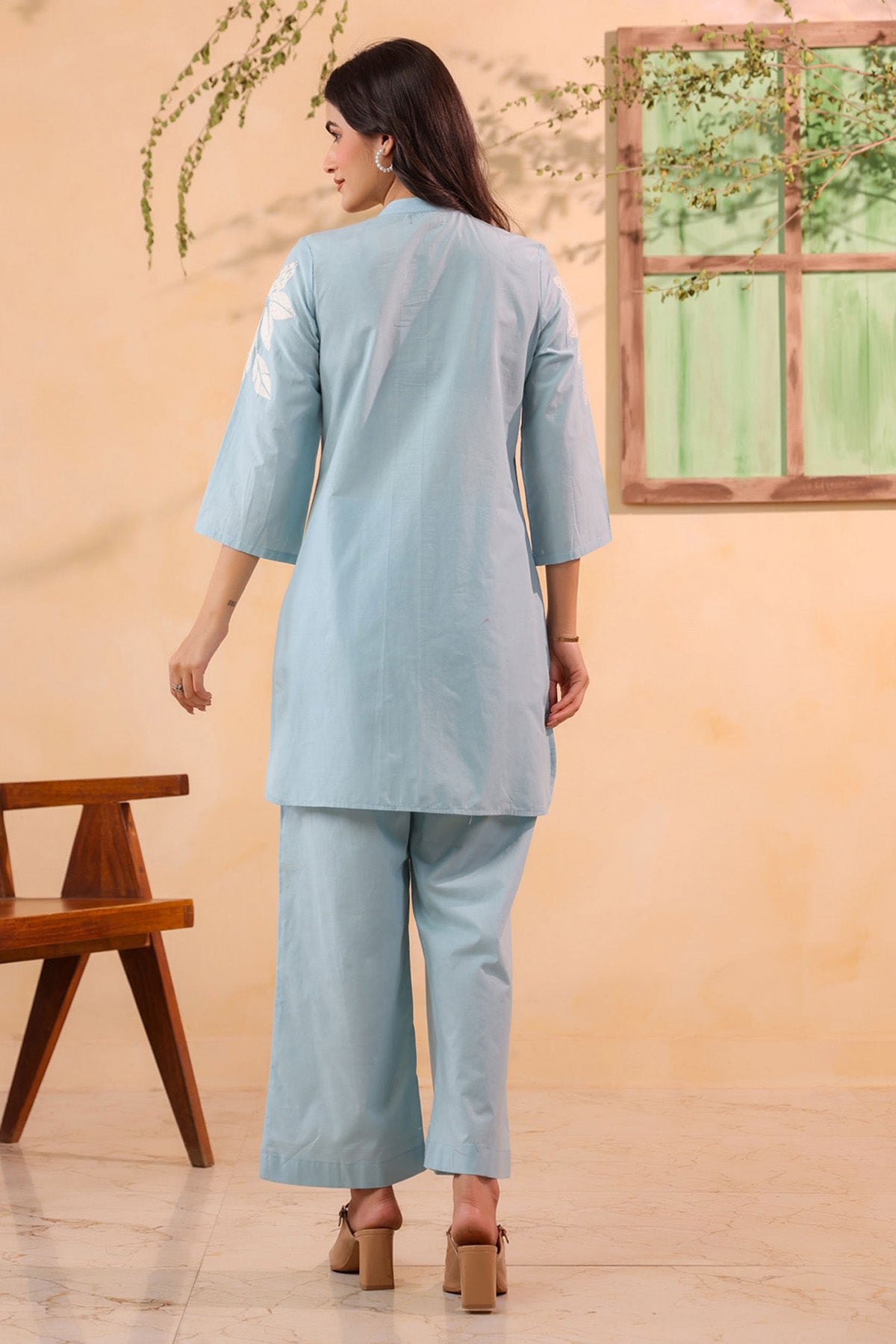 Sky Blue Cotton Embroidered Cord Set