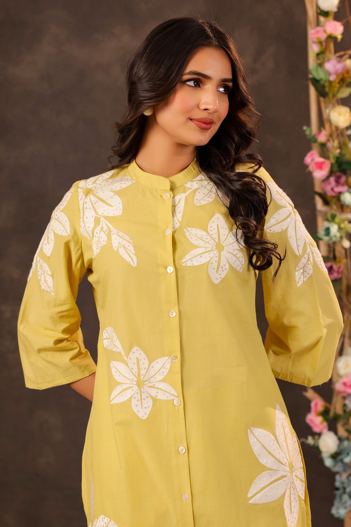 Yellow Cotton Embroidered Cord Set