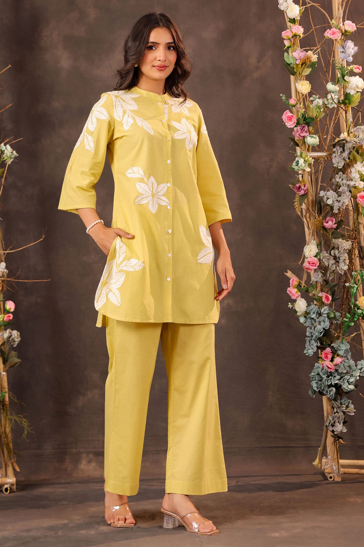 Yellow Cotton Embroidered Cord Set
