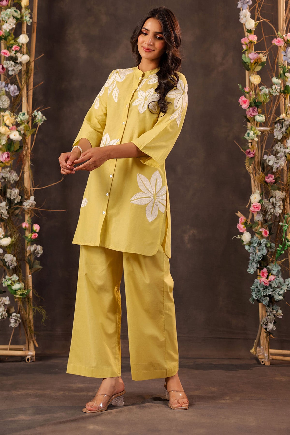 Yellow Cotton Embroidered Cord Set