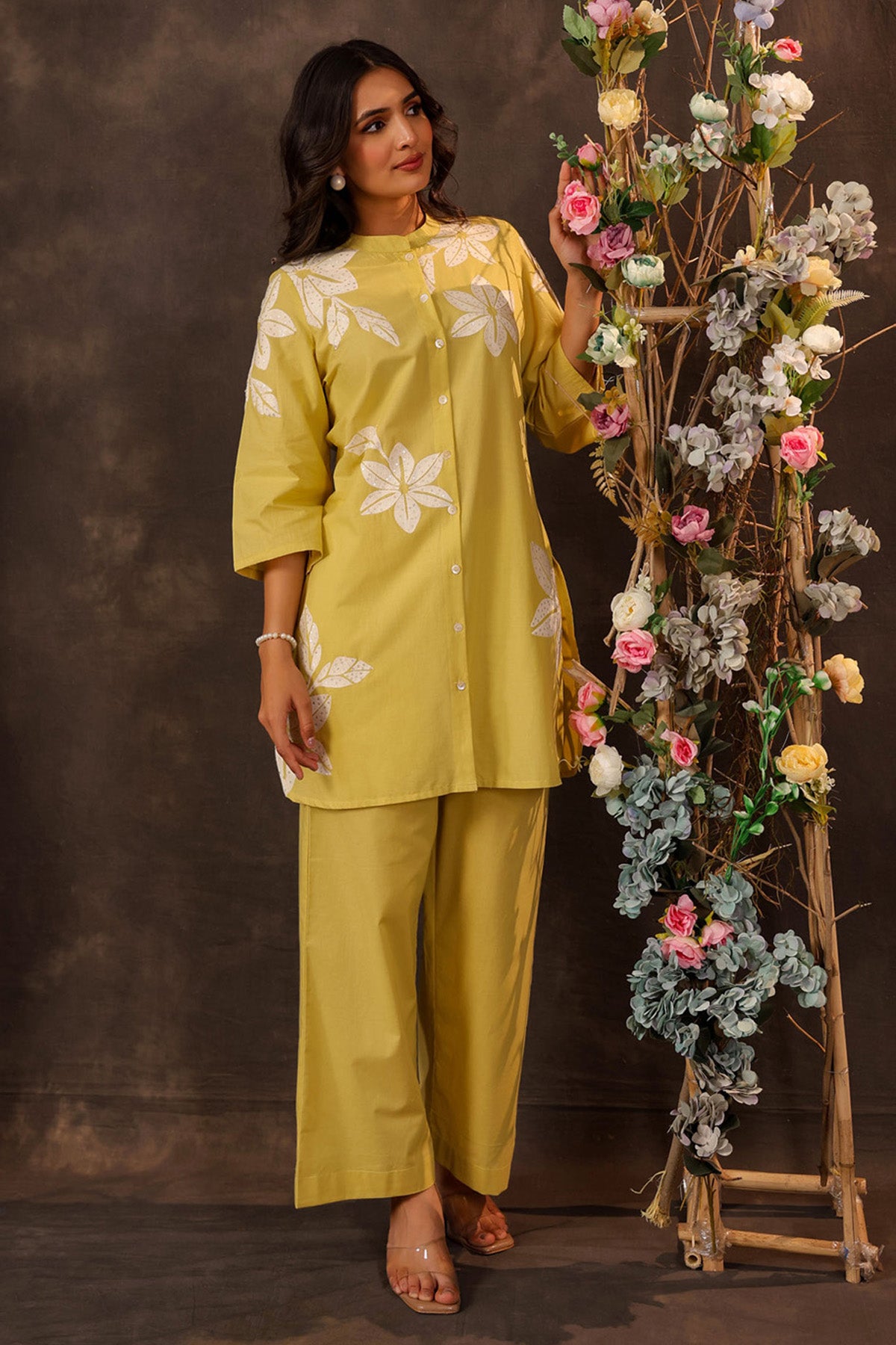 Yellow Cotton Embroidered Cord Set