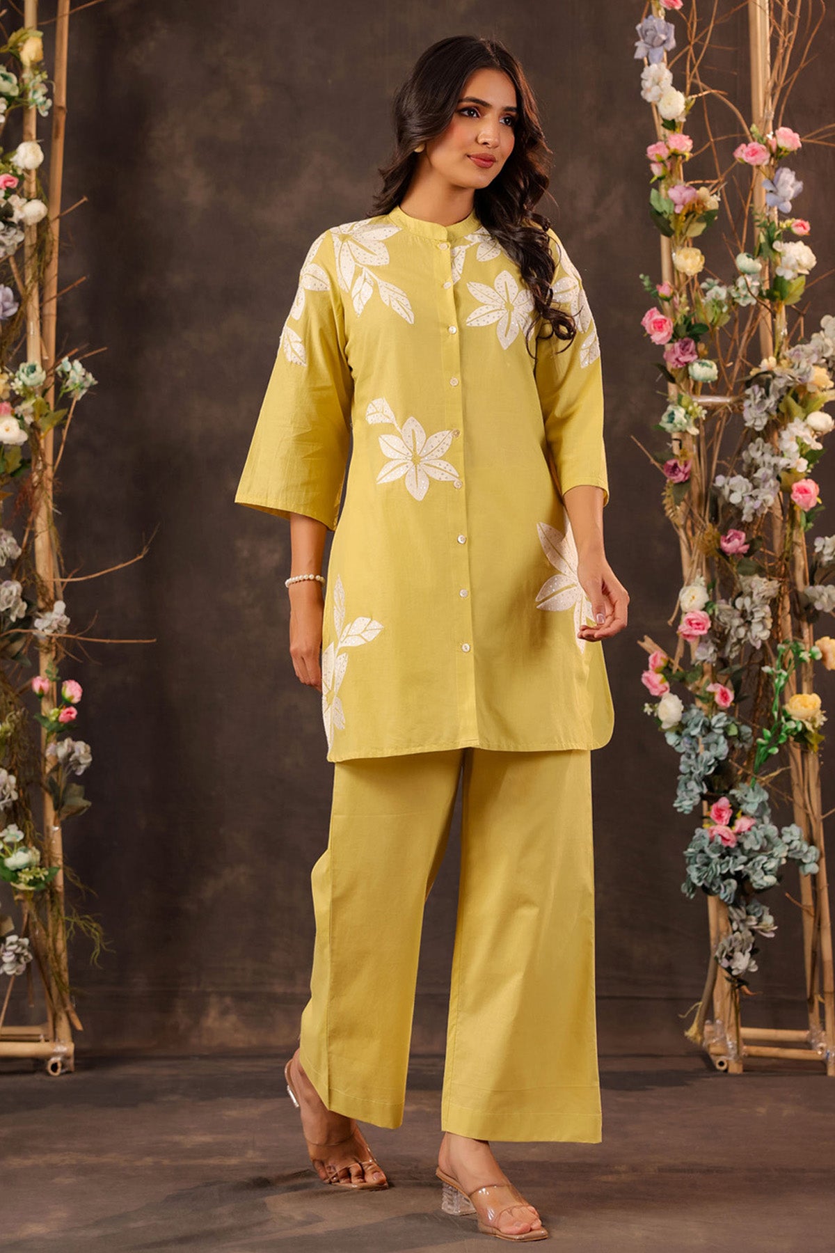 Yellow Cotton Embroidered Cord Set