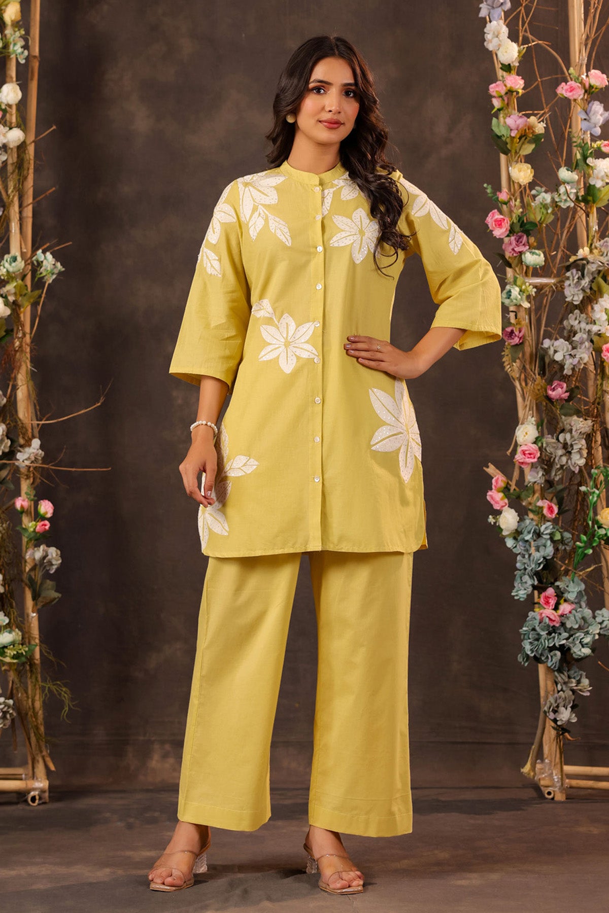 Yellow Cotton Embroidered Cord Set