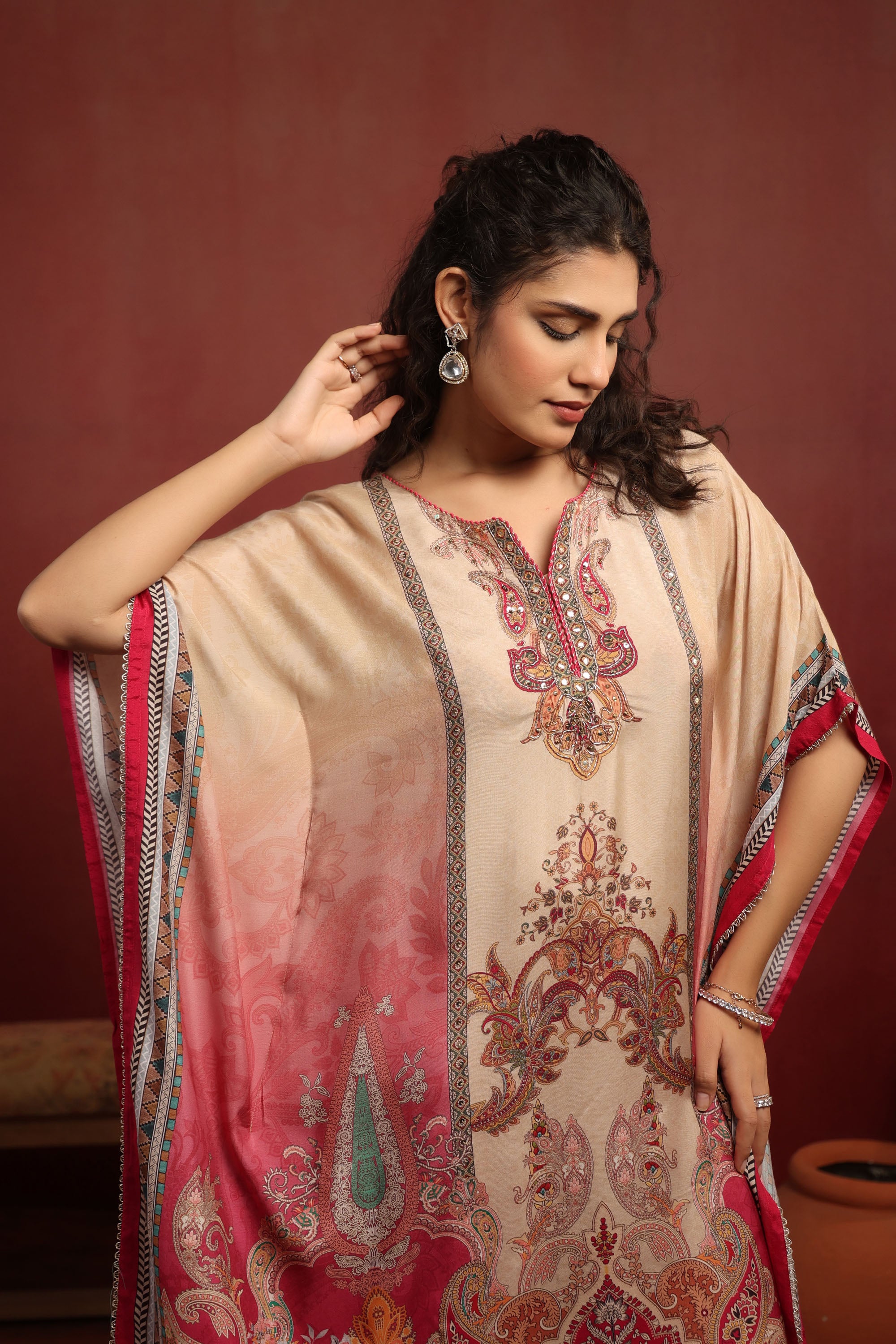 Beige Muslin Silk Handwork Kaftan Set