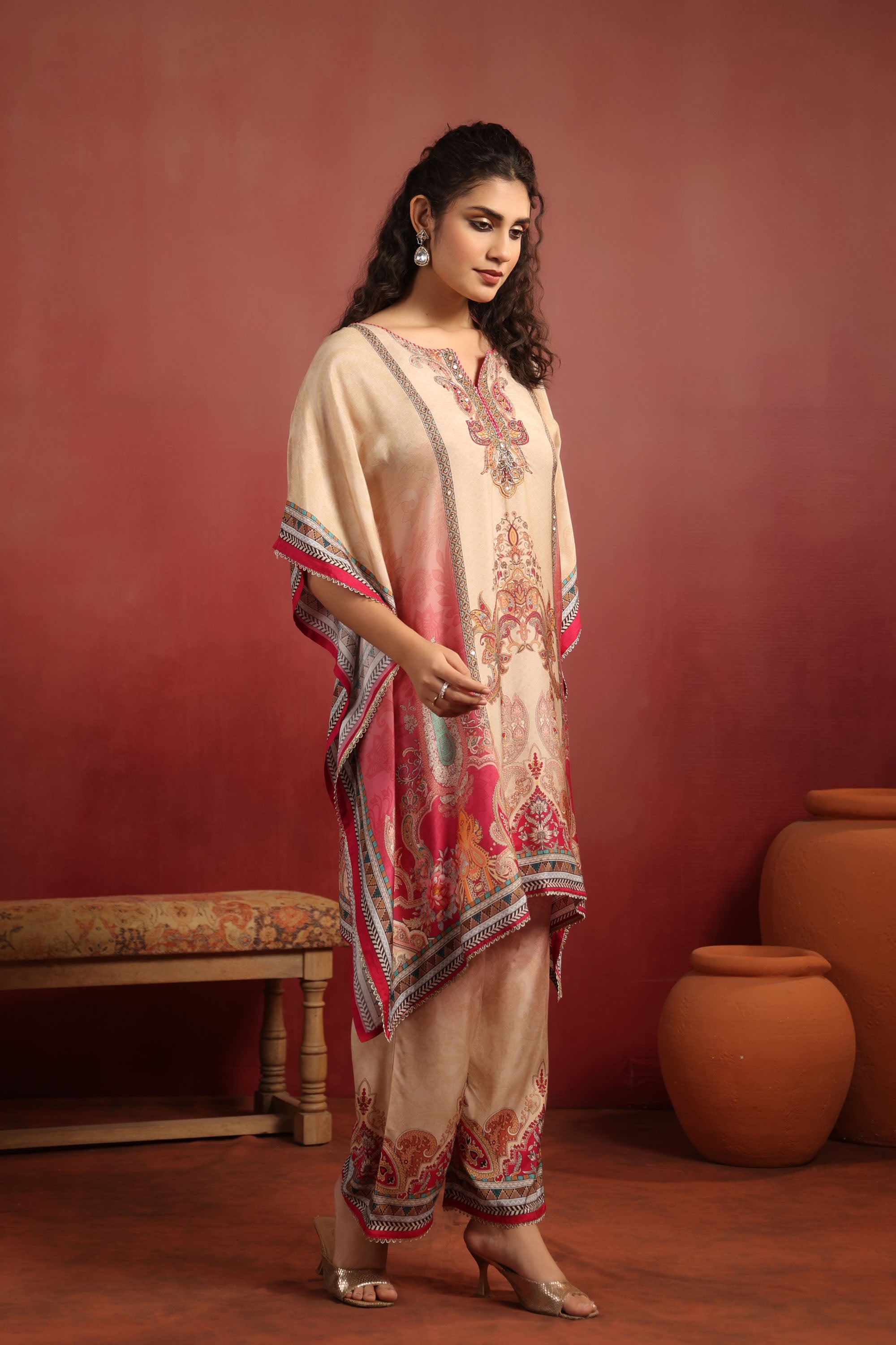 Beige Muslin Silk Handwork Kaftan Set