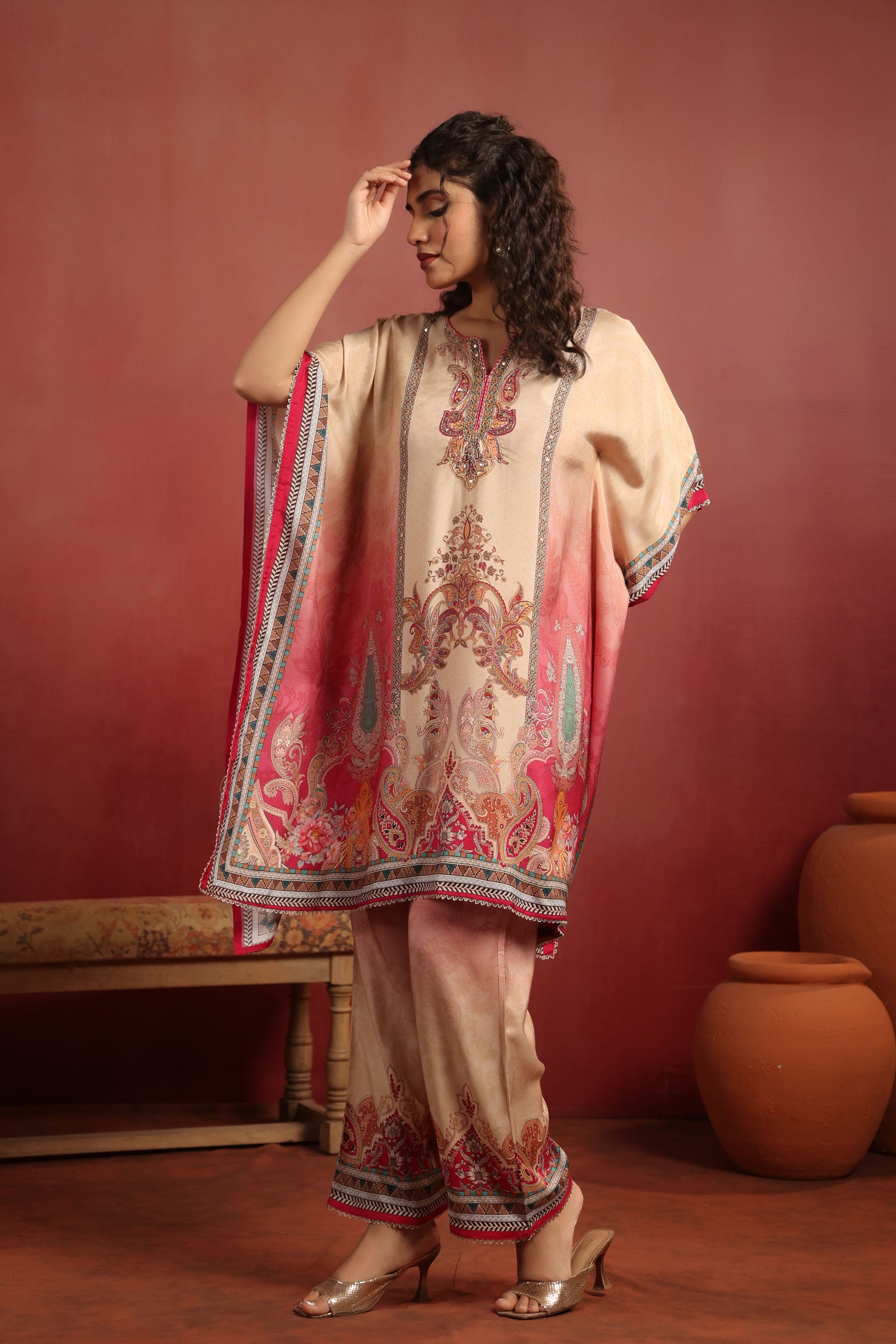 Beige Muslin Silk Handwork Kaftan Set