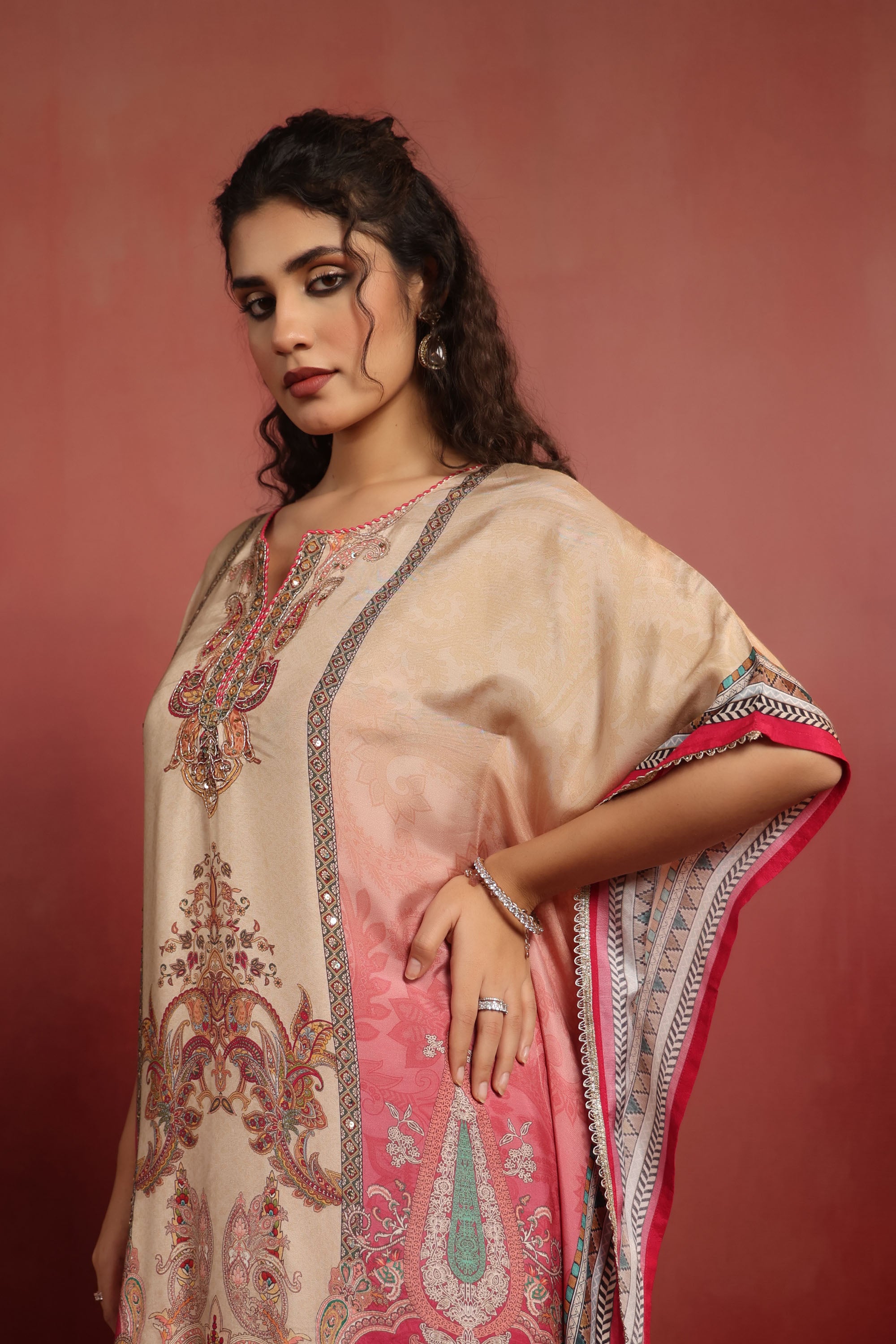 Beige Muslin Silk Handwork Kaftan Set