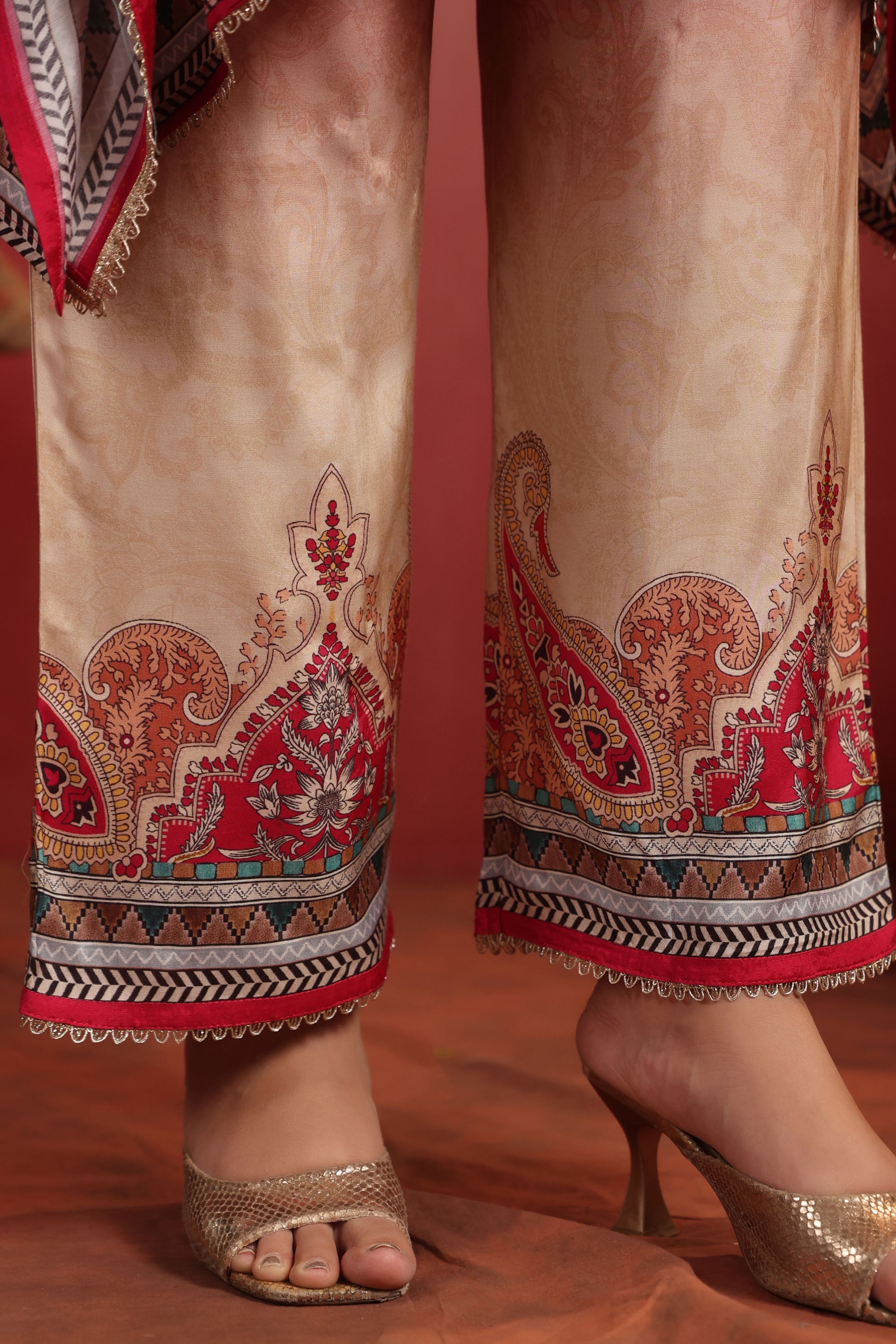 Beige Muslin Silk Handwork Kaftan Set