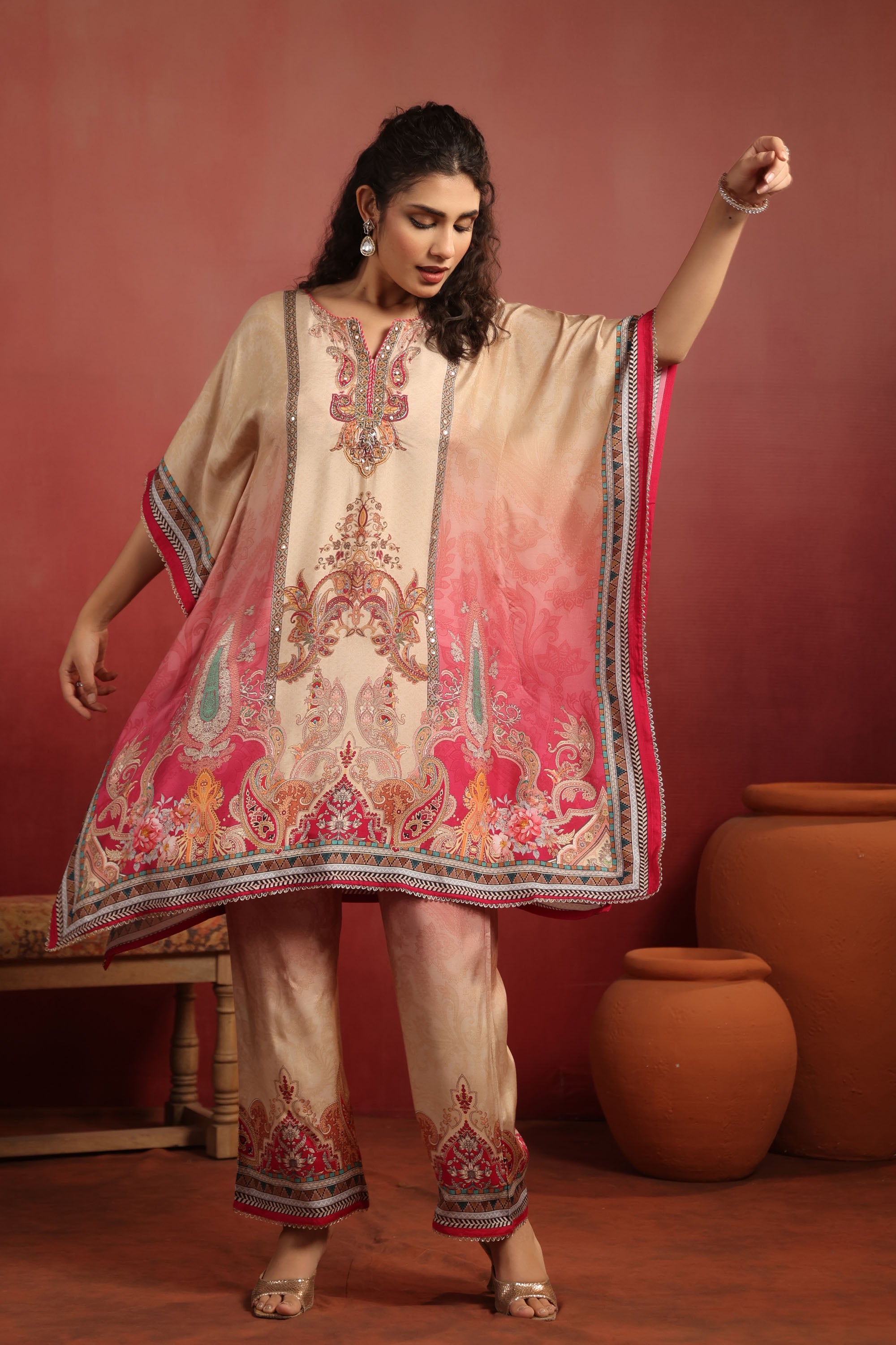 Beige Muslin Silk Handwork Kaftan Set