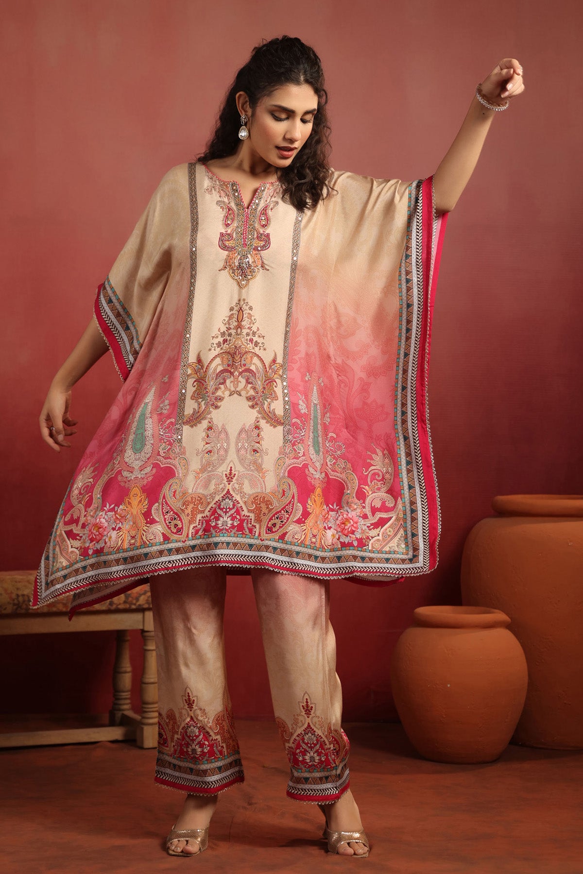 Beige Muslin Silk Handwork Kaftan Set