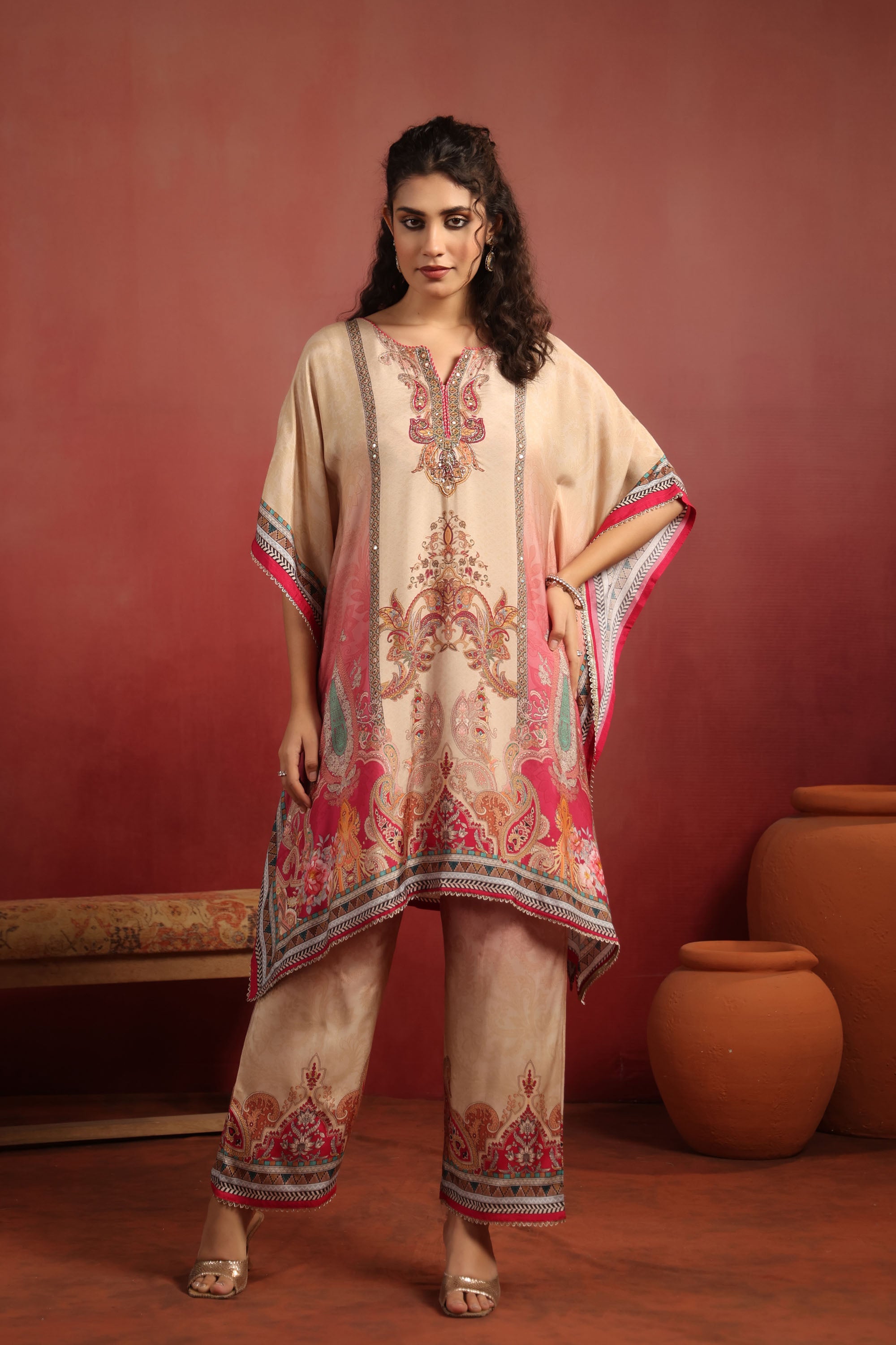 Beige Muslin Silk Handwork Kaftan Set