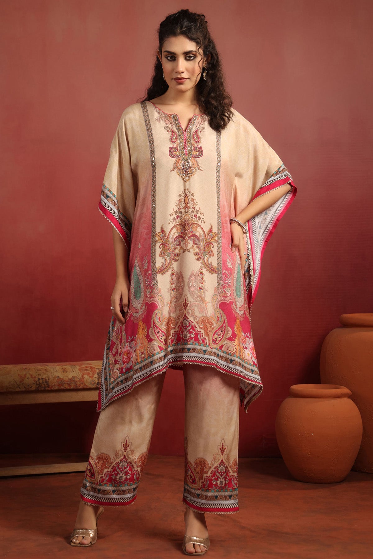 Beige Muslin Silk Handwork Kaftan Set