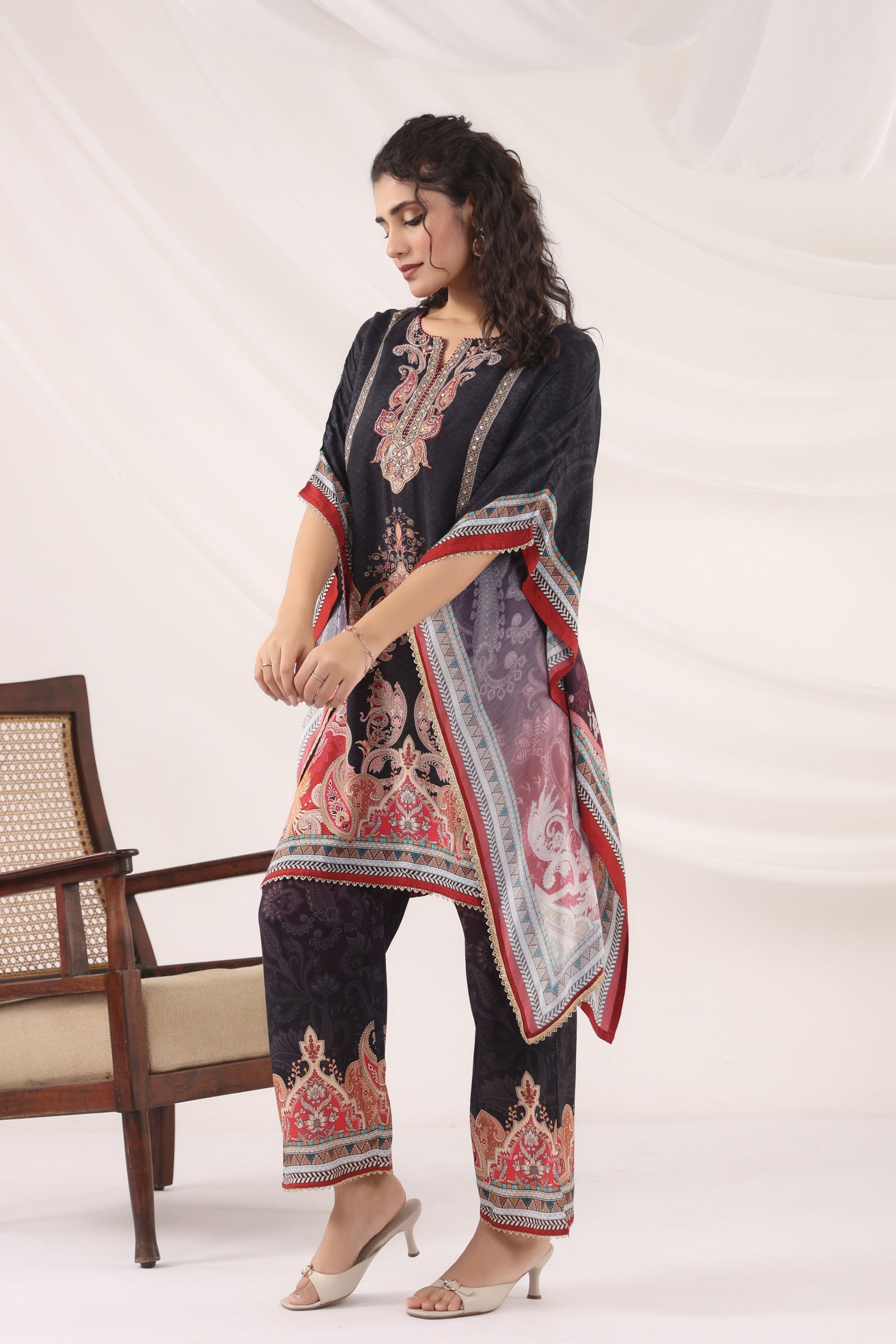 Black Muslin Silk Handwork Kaftan Set With Pant
