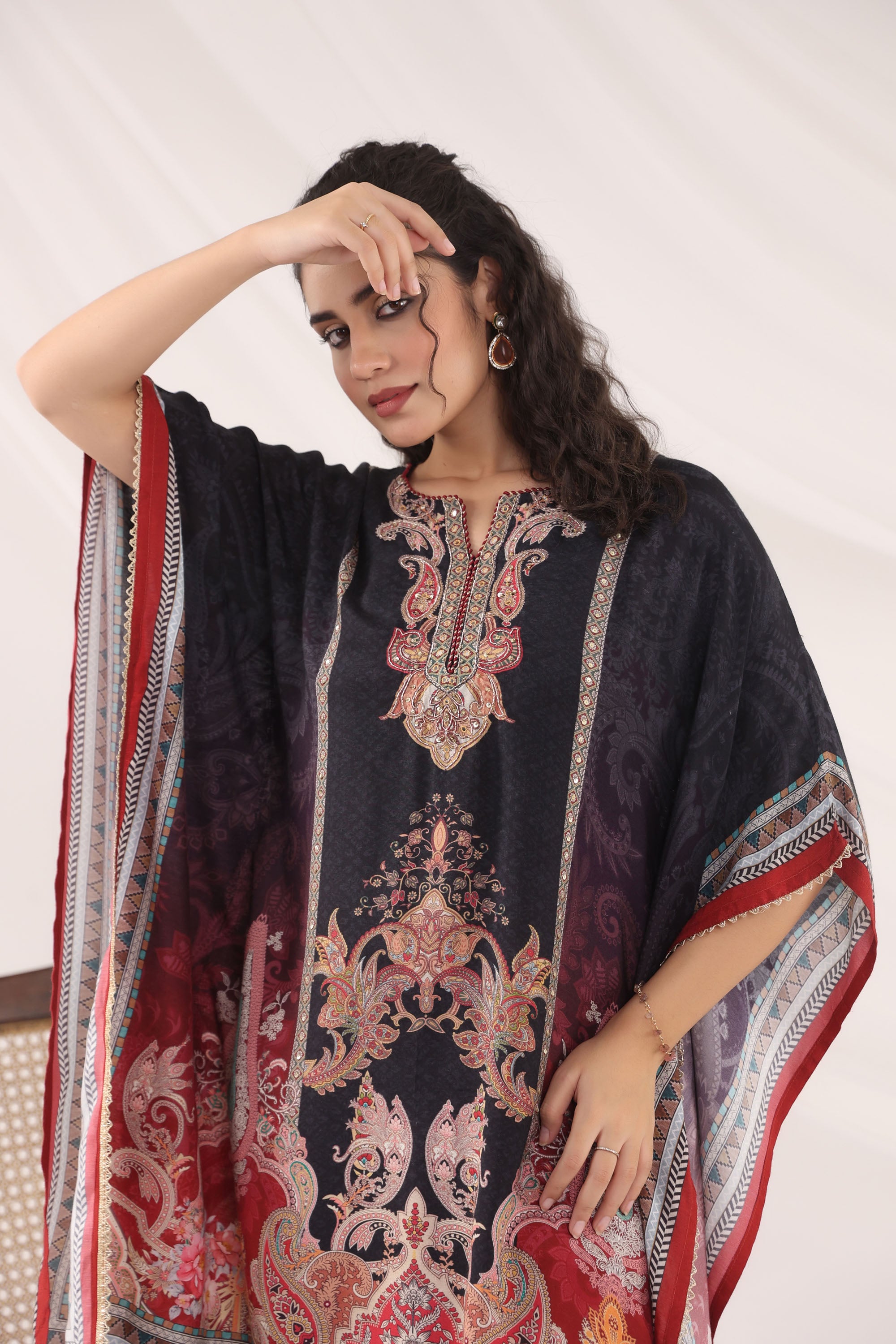 Black Muslin Silk Handwork Kaftan Set With Pant