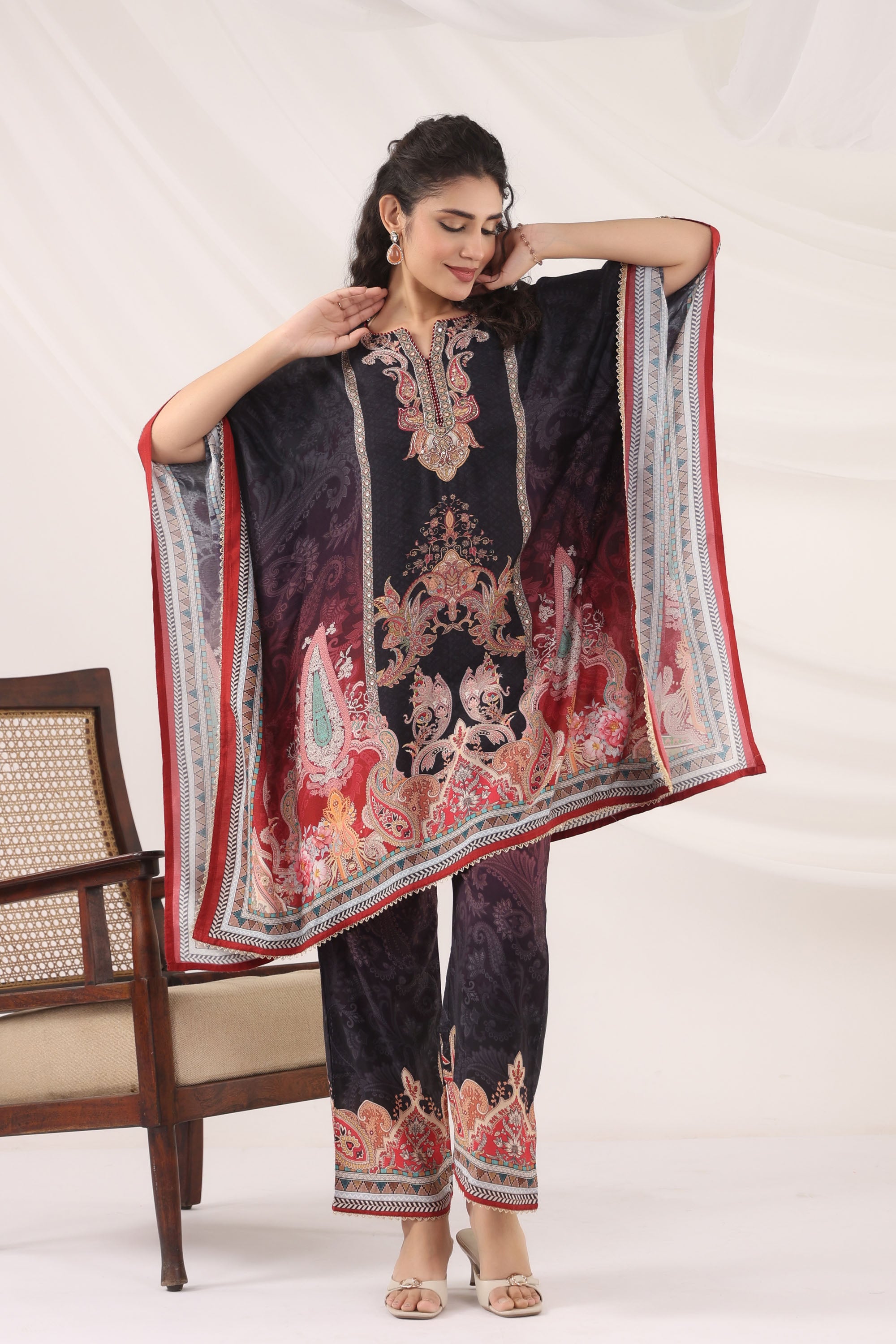 Black Muslin Silk Handwork Kaftan Set With Pant