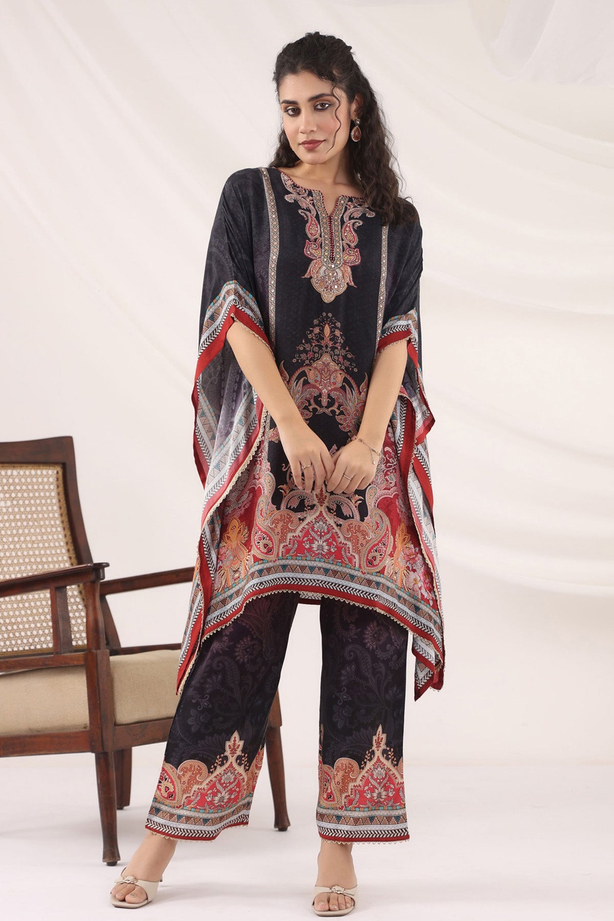 Black Muslin Silk Handwork Kaftan Set With Pant