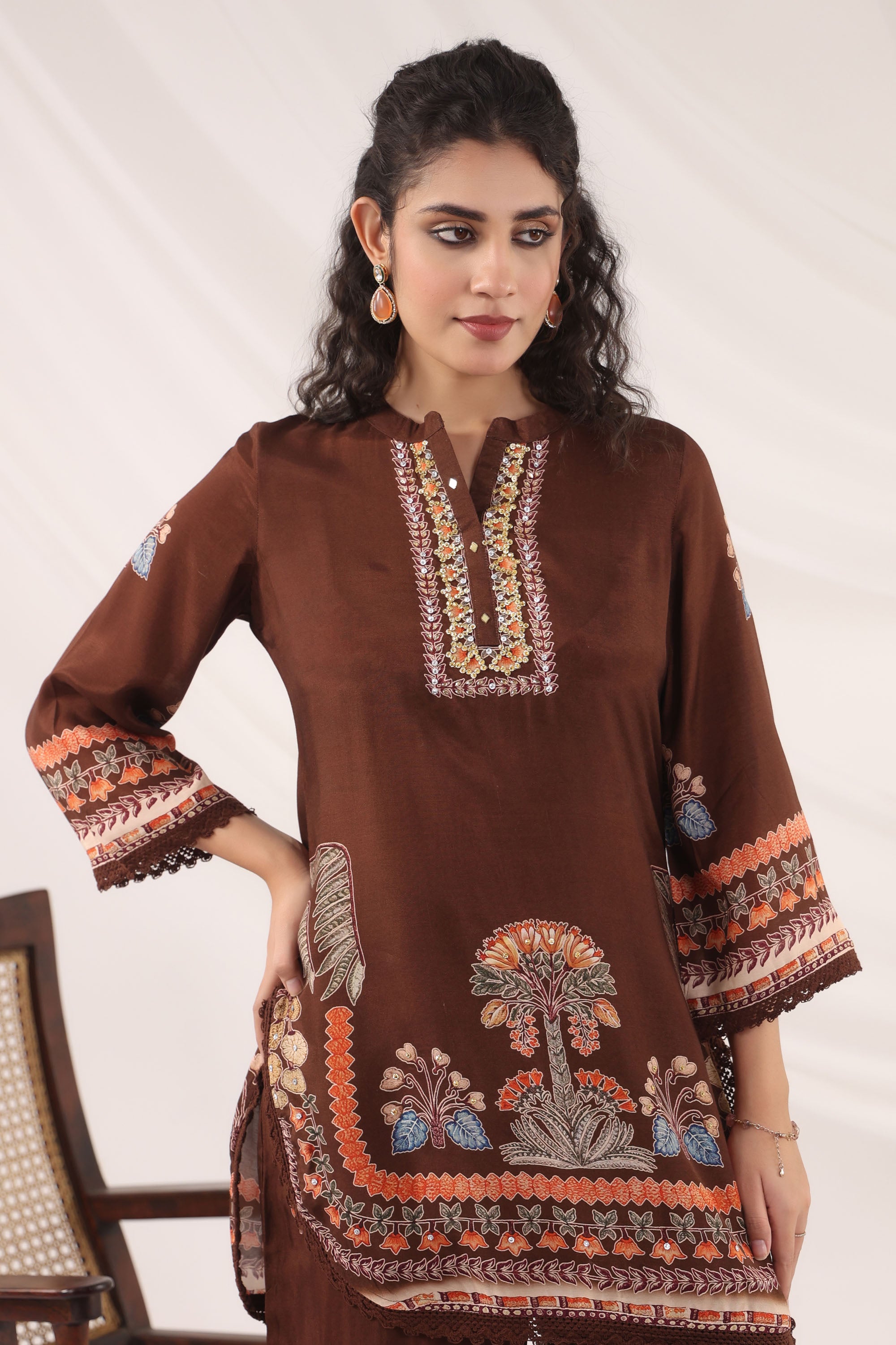 Brown Muslin Silk Handwork Cord Set
