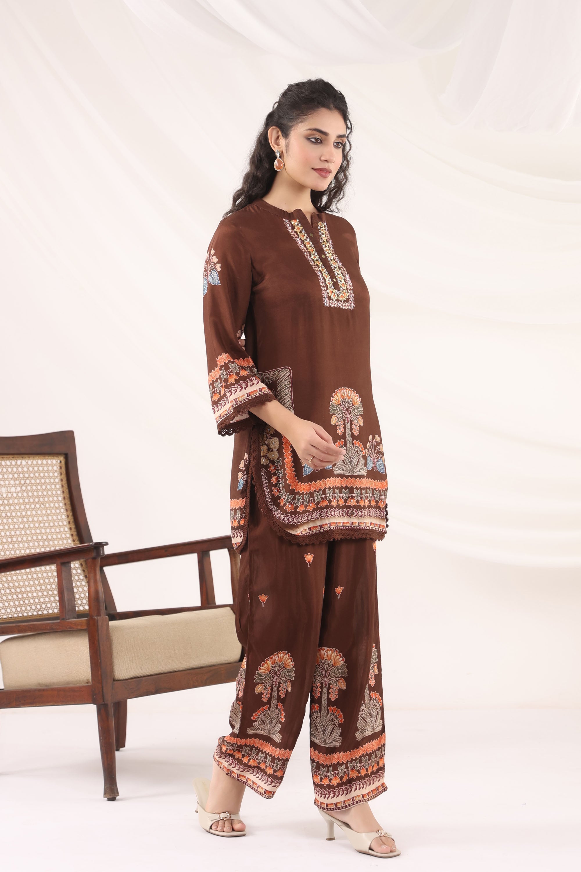 Brown Muslin Silk Handwork Cord Set