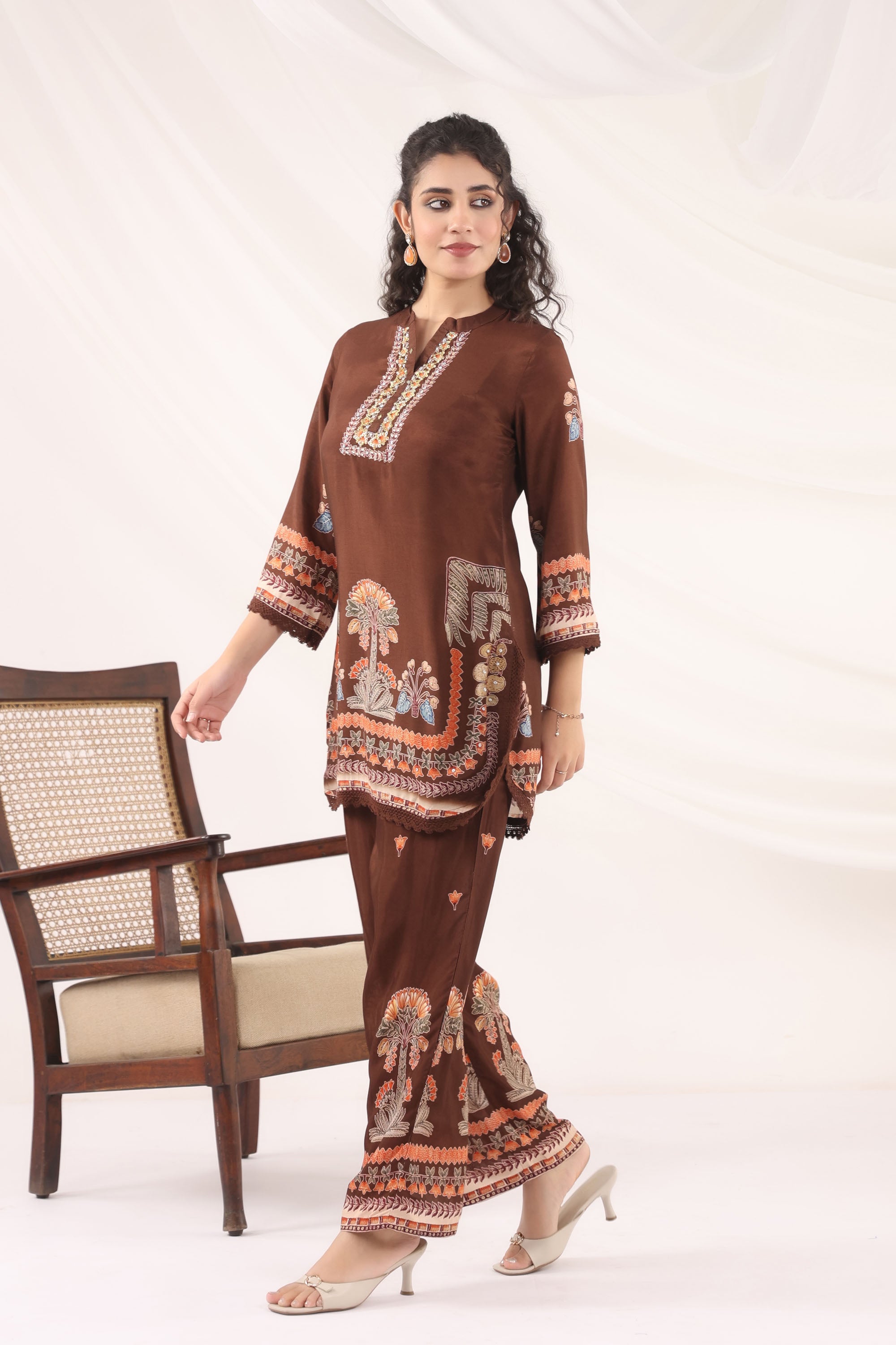 Brown Muslin Silk Handwork Cord Set